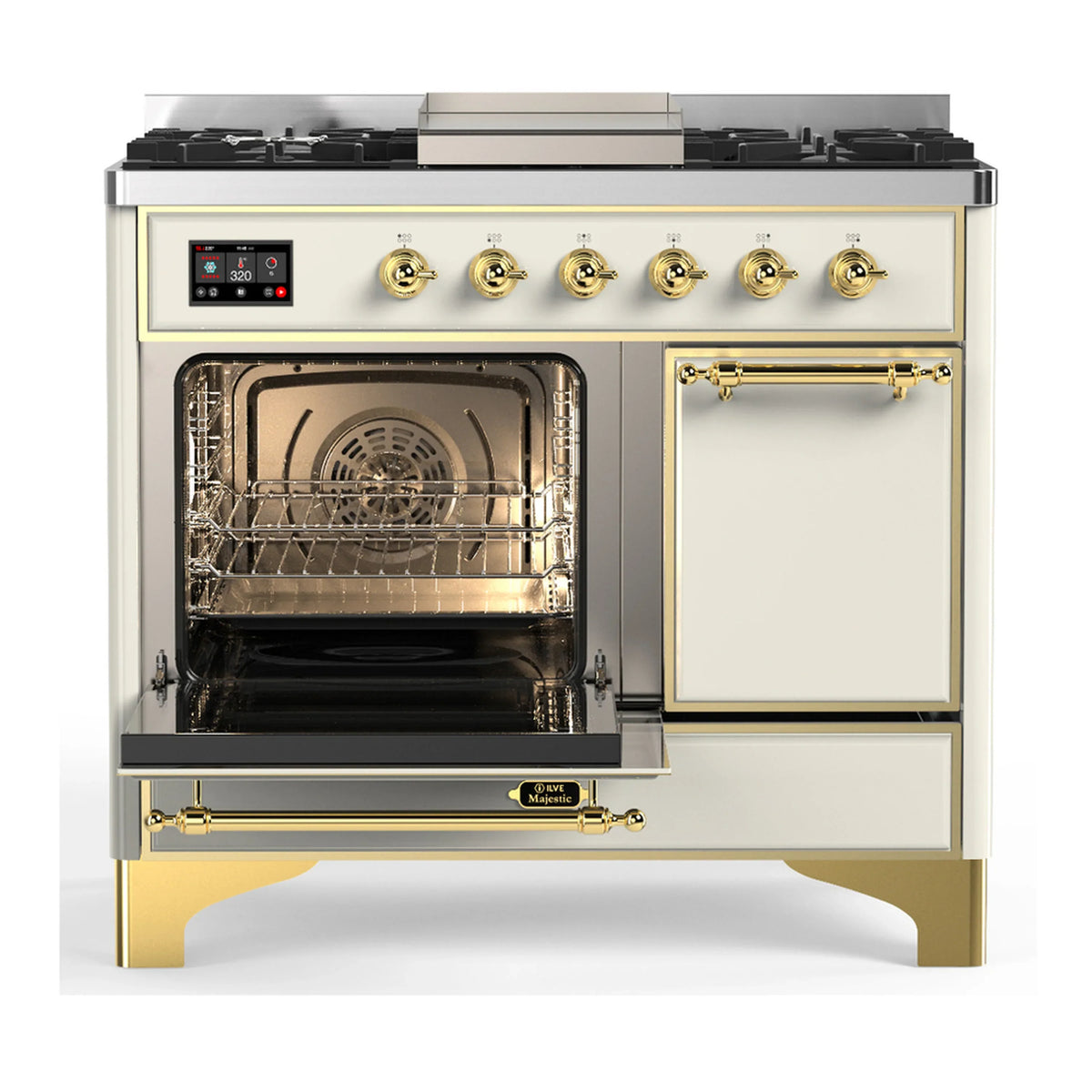ILVE Majestic III 40-inch Dual Fuel Range with 5 Liquid Propane Burner, Griddle and Solid Door Electric Oven in Antique White with Brass Trim (UMD40FQNR3AWGLP)