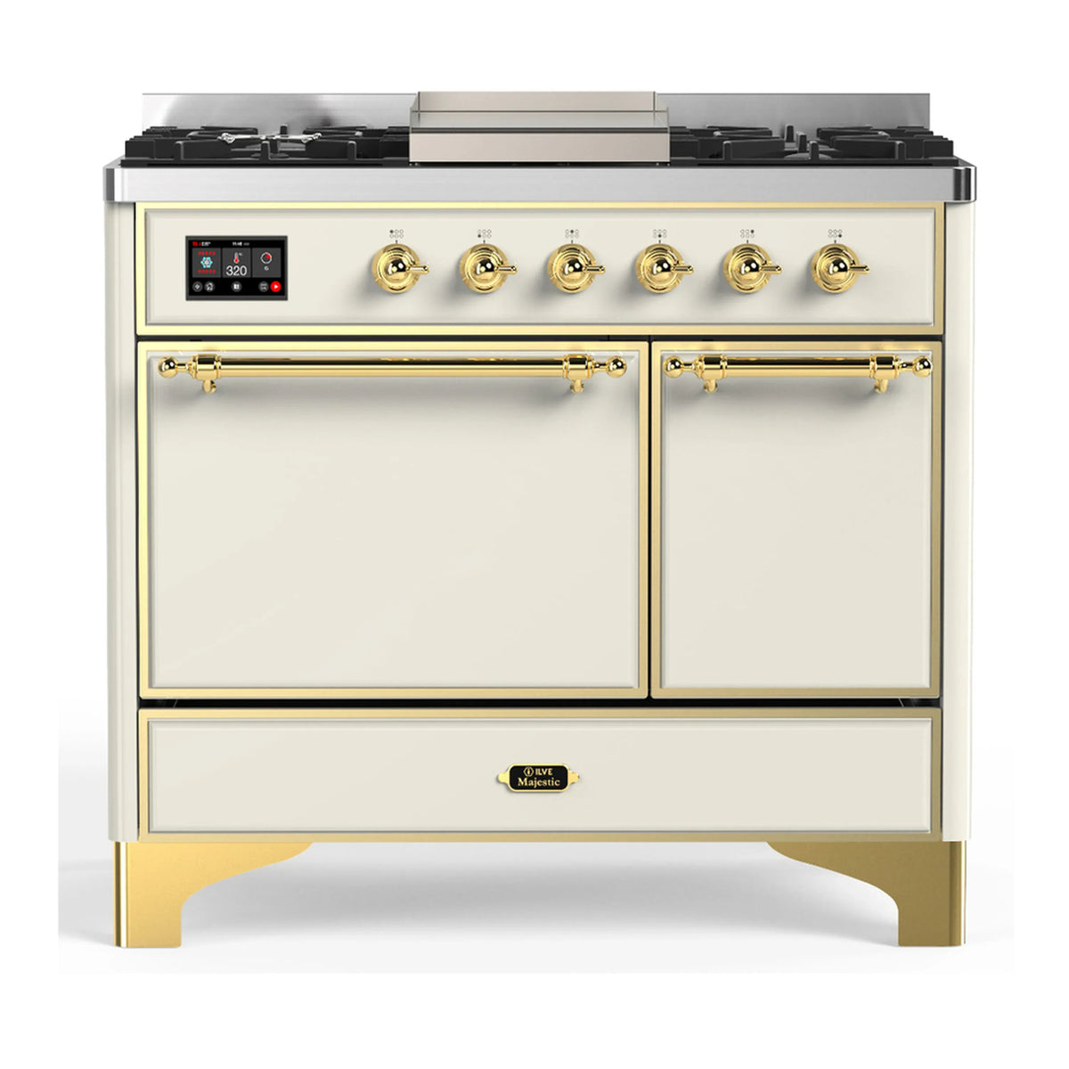 ILVE Majestic III 40-Inch NG Dual Fuel Range, 6 Burners, Griddle, Solid Door Oven, Antique White with Brass Trim (UMD40FQNR3AWG)