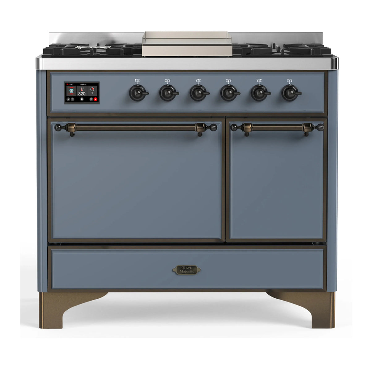 ILVE Majestic III 40-Inch Propane Dual Fuel Range, 5 Burners, Griddle, Solid Door, Blue Grey with Burnished Trim (UMD40FQNR3BGBLP)