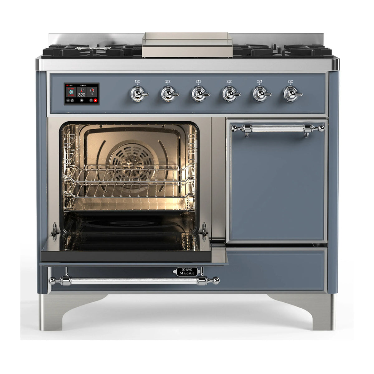ILVE Majestic III 40-inch Dual Fuel Range with 5 Liquid Propane Burner, Griddle and Solid Door Electric Oven in Blue Grey with Chrome Trim (UMD40FQNR3BGCLP)