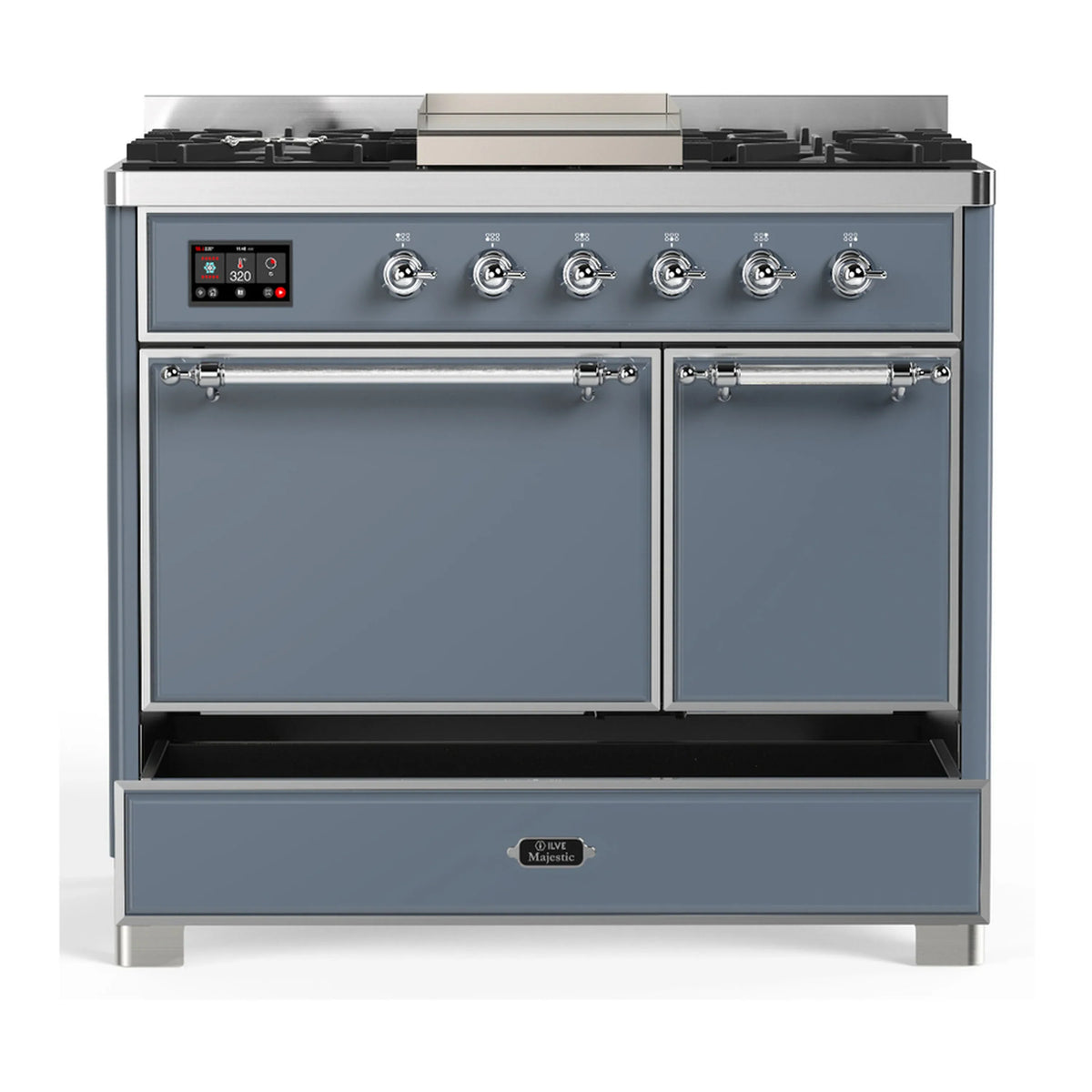 ILVE Majestic III 40-inch Dual Fuel Range with 5 Liquid Propane Burner, Griddle and Solid Door Electric Oven in Blue Grey with Chrome Trim (UMD40FQNR3BGCLP)