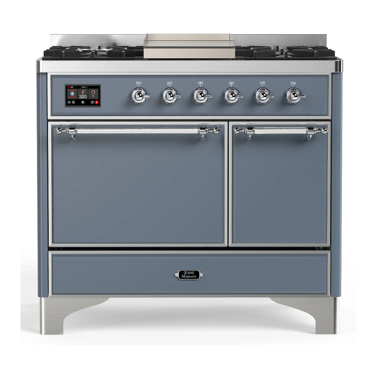 ILVE Majestic III 40-Inch NG Dual Fuel Range, 6 Burners, Griddle, Solid Door Oven, Blue Grey with Chrome Trim (UMD40FQNR3BGC)