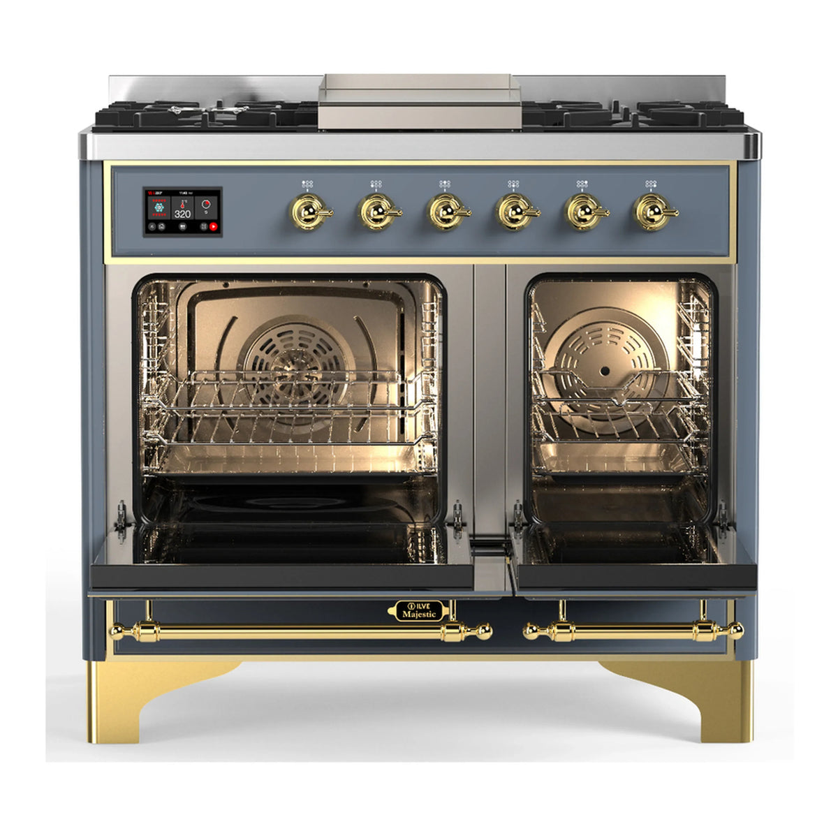 ILVE Majestic III 40-inch Dual Fuel Range with 6 Natural Gas Burner, Griddle and Solid Door Electric Oven in Blue Grey with Brass Trim (UMD40FQNR3BGG)