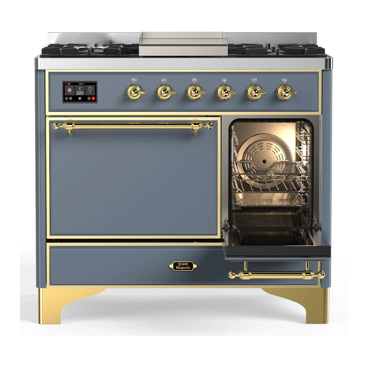ILVE Majestic III 40-inch Dual Fuel Range with 5 Liquid Propane Burner, Griddle and Solid Door Electric Oven in Blue Grey with Brass Trim (UMD40FQNR3BGGLP)