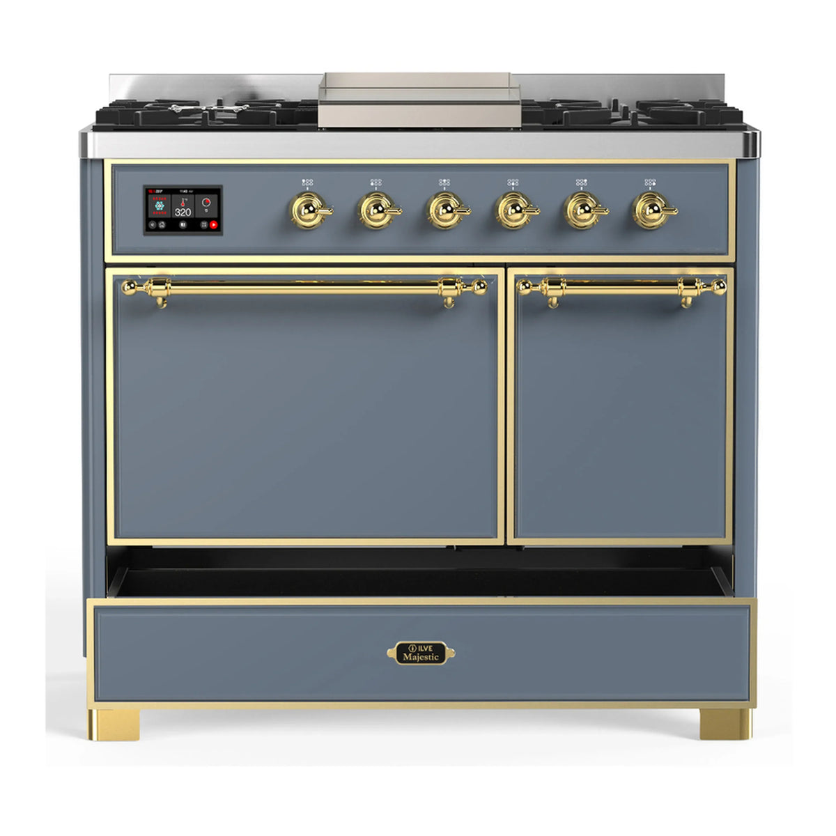ILVE Majestic III 40-inch Dual Fuel Range with 5 Liquid Propane Burner, Griddle and Solid Door Electric Oven in Blue Grey with Brass Trim (UMD40FQNR3BGGLP)