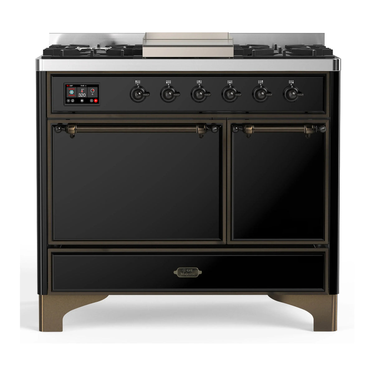 ILVE Majestic III 40-Inch Propane Dual Fuel Range, 5 Burners, Griddle, Solid Door, Glossy Black with Burnished Trim (UMD40FQNR3BKBLP)