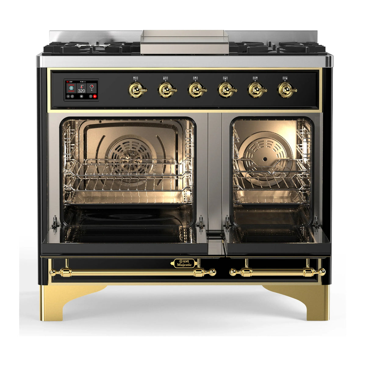 ILVE Majestic III 40-inch Dual Fuel Range with 6 Natural Gas Burner, Griddle and Solid Door Electric Oven in Glossy Black with Brass Trim (UMD40FQNR3BKG)
