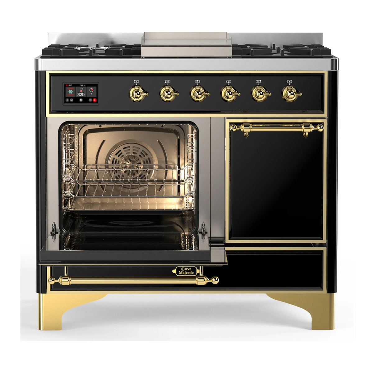 ILVE Majestic III 40-inch Dual Fuel Range with 6 Natural Gas Burner, Griddle and Solid Door Electric Oven in Glossy Black with Brass Trim (UMD40FQNR3BKG)