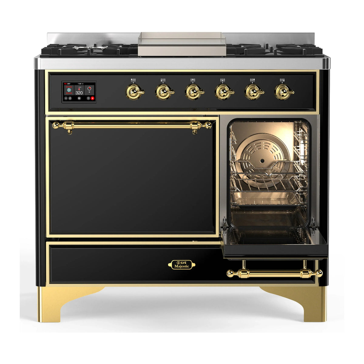 ILVE Majestic III 40-inch Dual Fuel Range with 6 Natural Gas Burner, Griddle and Solid Door Electric Oven in Glossy Black with Brass Trim (UMD40FQNR3BKG)
