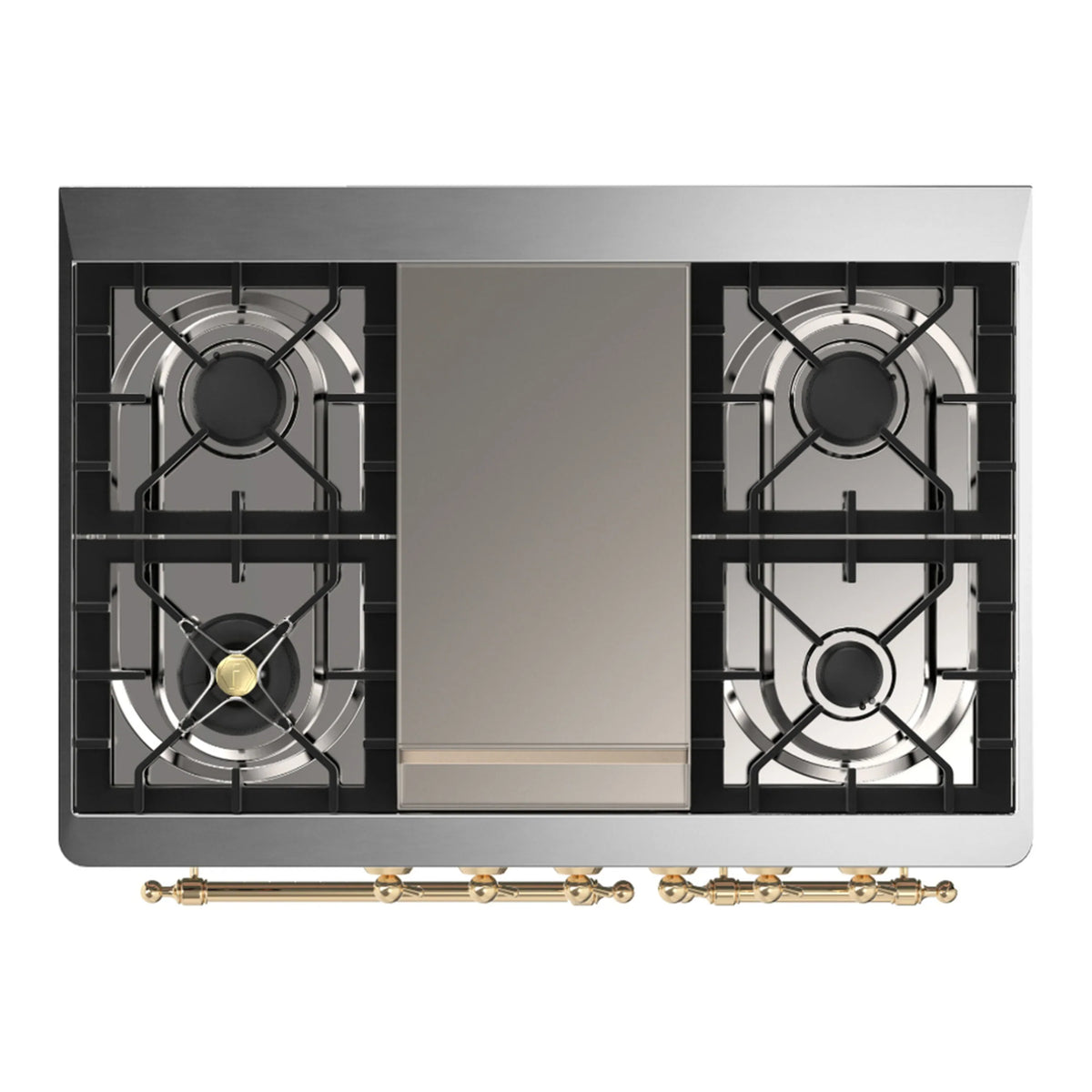 ILVE Majestic III 40-inch Dual Fuel Range with 6 Natural Gas Burner, Griddle and Solid Door Electric Oven in Glossy Black with Brass Trim (UMD40FQNR3BKG)