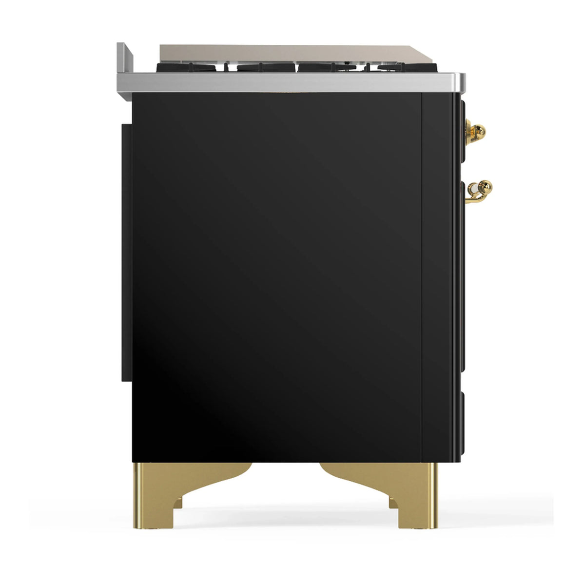 ILVE Majestic III 40-inch Dual Fuel Range with 6 Natural Gas Burner, Griddle and Solid Door Electric Oven in Glossy Black with Brass Trim (UMD40FQNR3BKG)