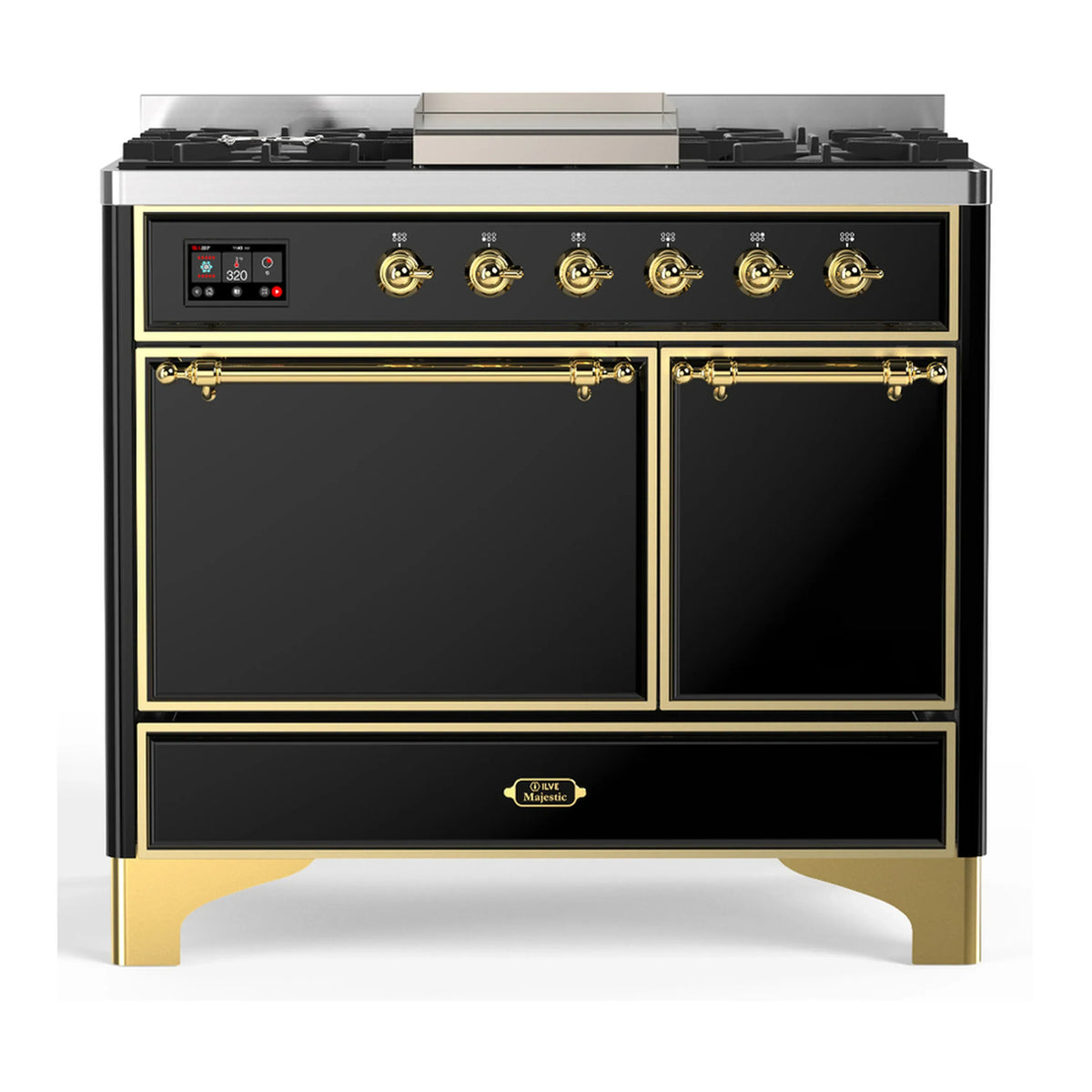 ILVE Majestic III 40-Inch Propane Dual Fuel Range, 5 Burners, Griddle, Solid Door, Glossy Black with Brass Trim (UMD40FQNR3BKGLP)