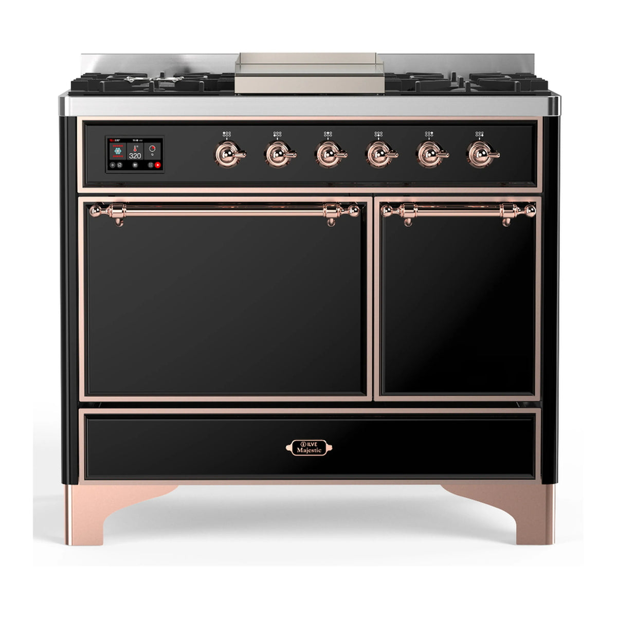 ILVE Majestic III 40-Inch Propane Dual Fuel Range, 5 Burners, Griddle, Solid Door, Glossy Black with Copper Trim (UMD40FQNR3BKPLP)
