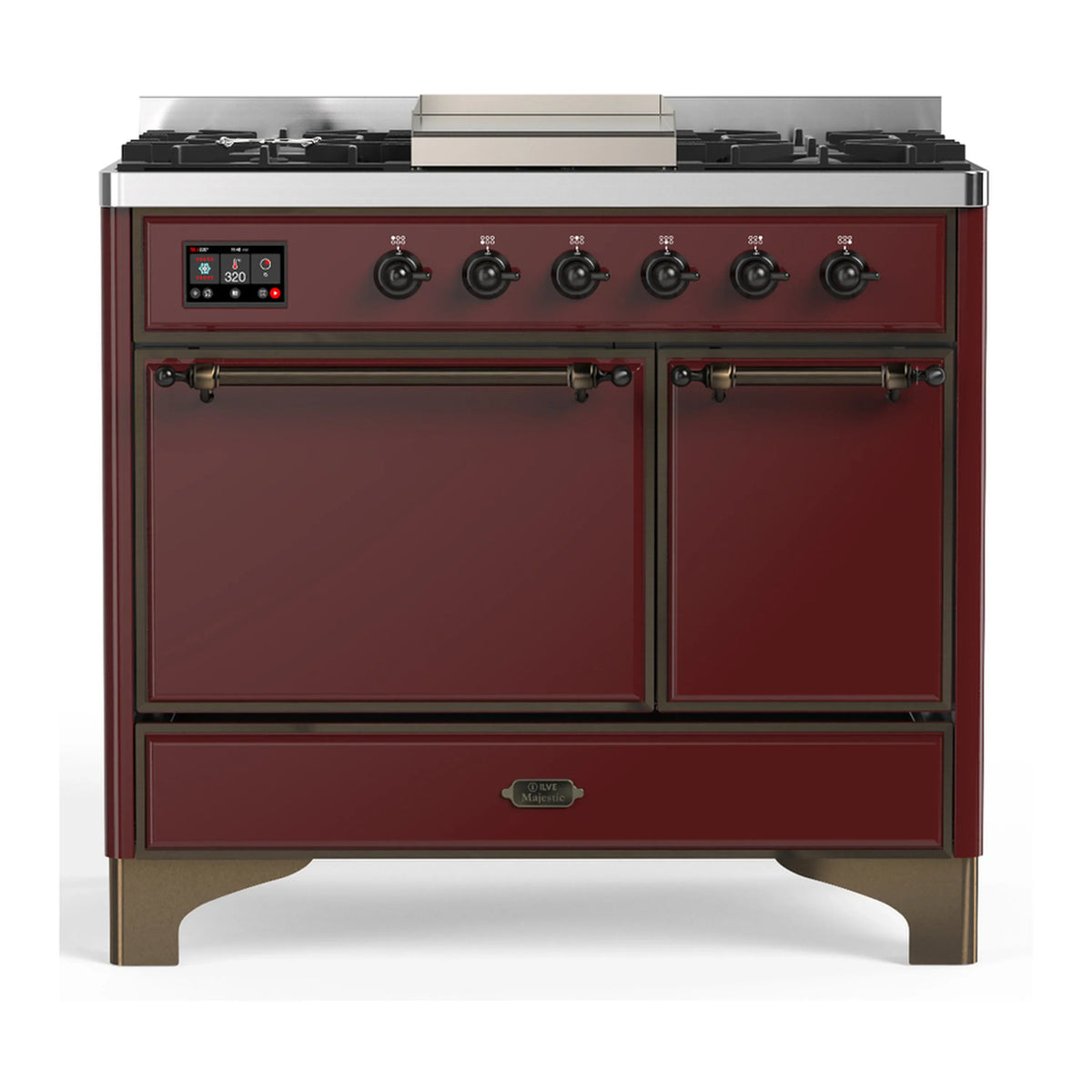 ILVE Majestic III 40-inch Dual Fuel Range with 5 Liquid Propane Burner, Griddle and Solid Door Electric Oven in Burgundy with Burnished Trim (UMD40FQNR3BUBLP)