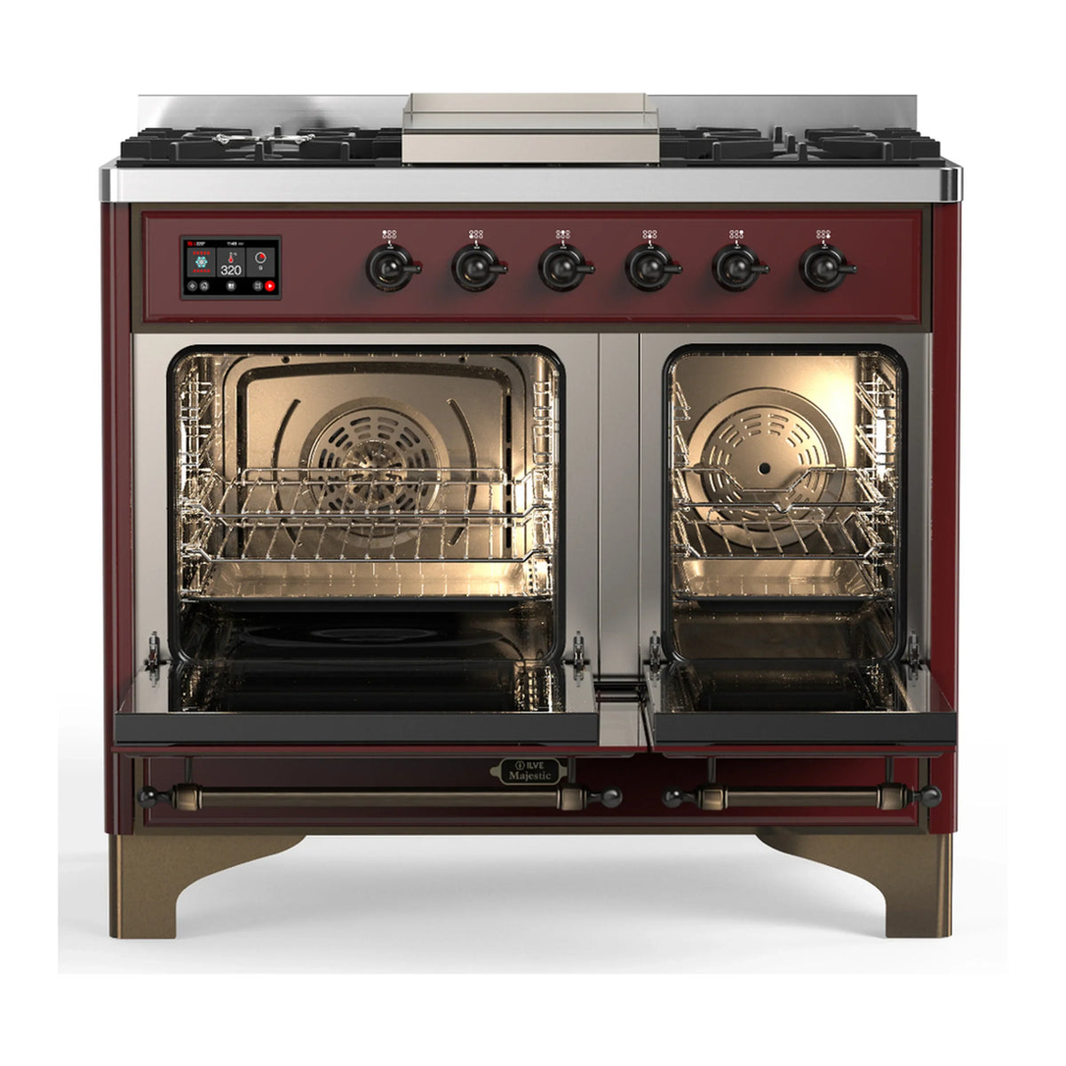 ILVE Majestic III 40-inch Dual Fuel Range with 5 Liquid Propane Burner, Griddle and Solid Door Electric Oven in Burgundy with Burnished Trim (UMD40FQNR3BUBLP)