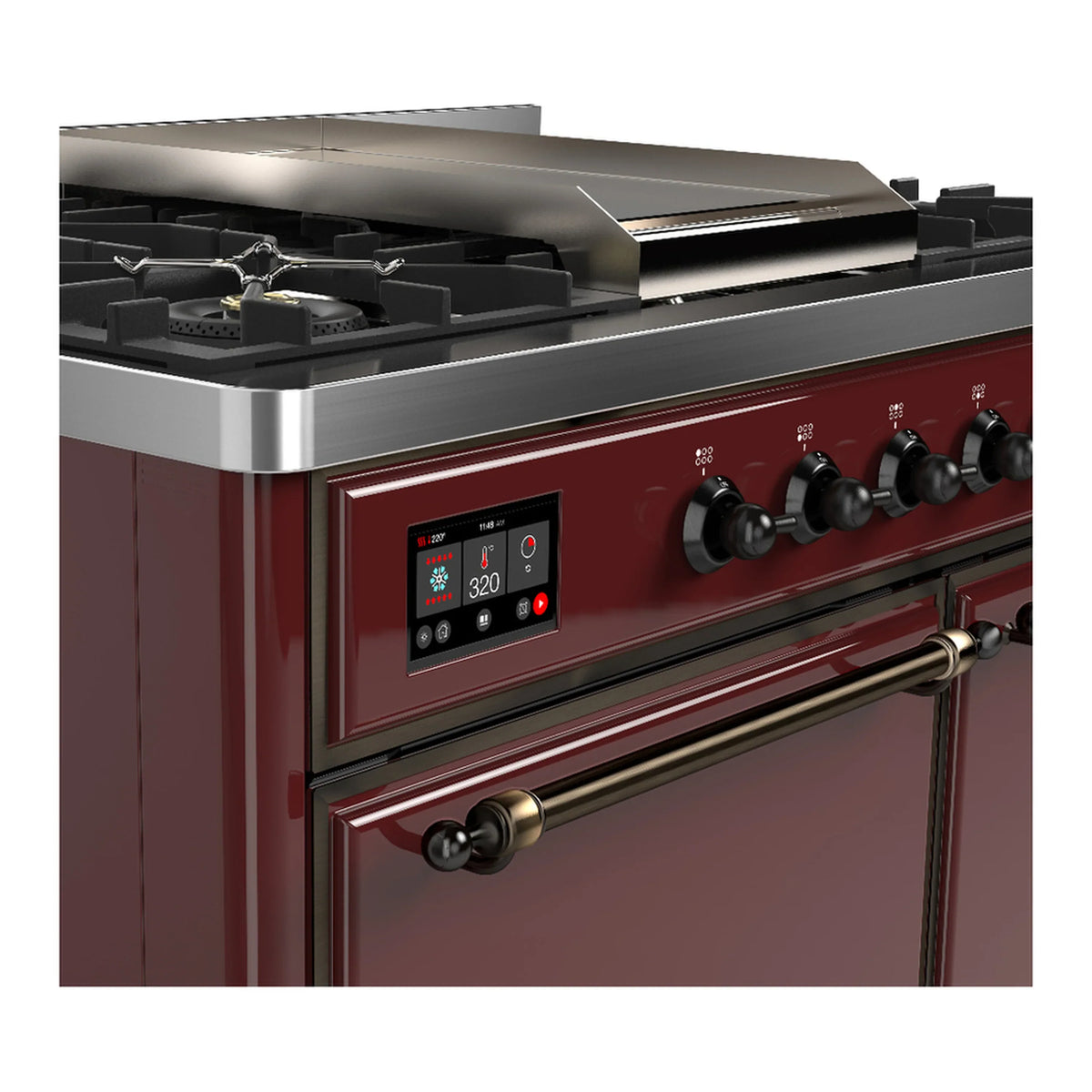 ILVE Majestic III 40-inch Dual Fuel Range with 5 Liquid Propane Burner, Griddle and Solid Door Electric Oven in Burgundy with Burnished Trim (UMD40FQNR3BUBLP)