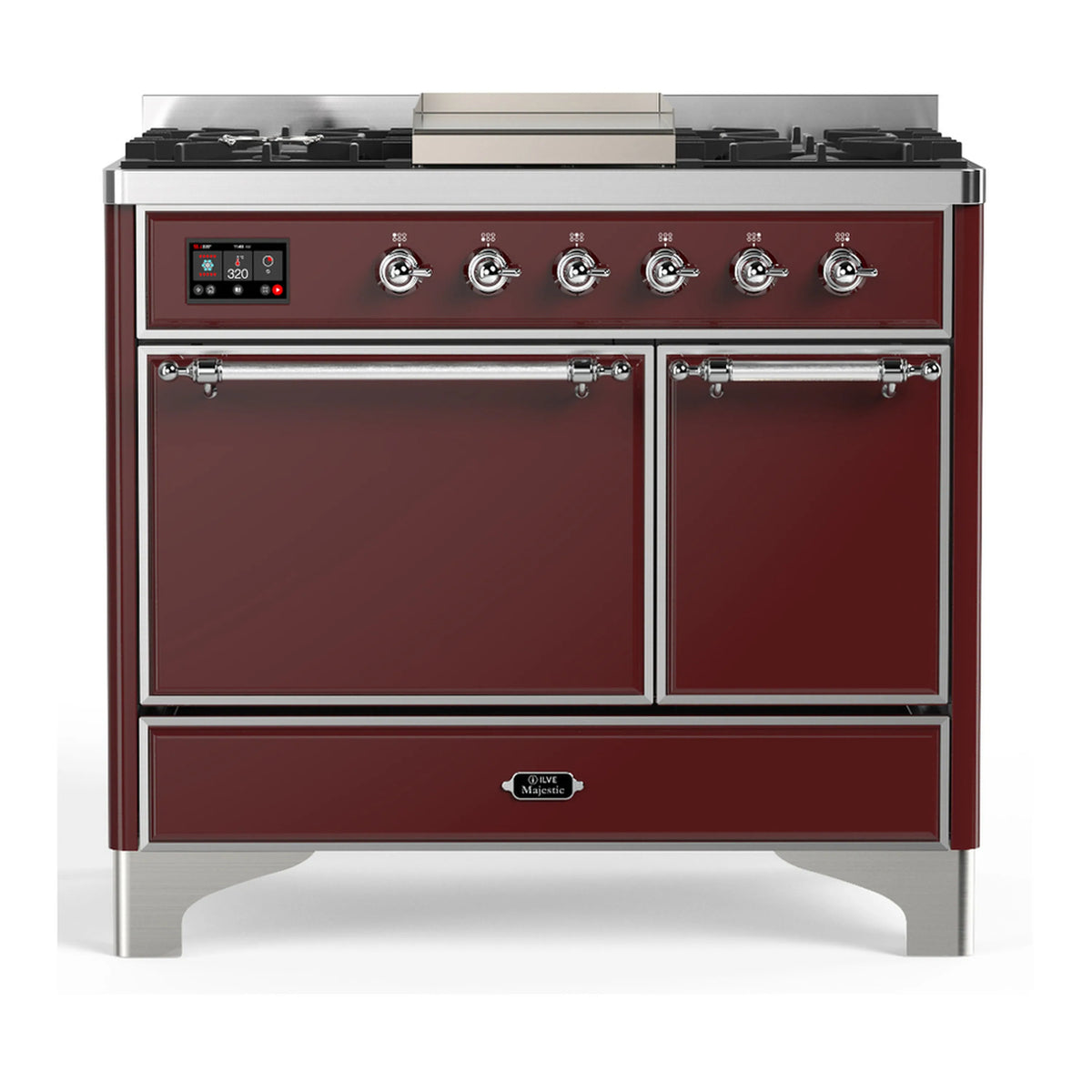 ILVE Majestic III 40-inch Dual Fuel Range with 5 Liquid Propane Burner, Griddle and Solid Door Electric Oven in Burgundy with Chrome Trim (UMD40FQNR3BUCLP)