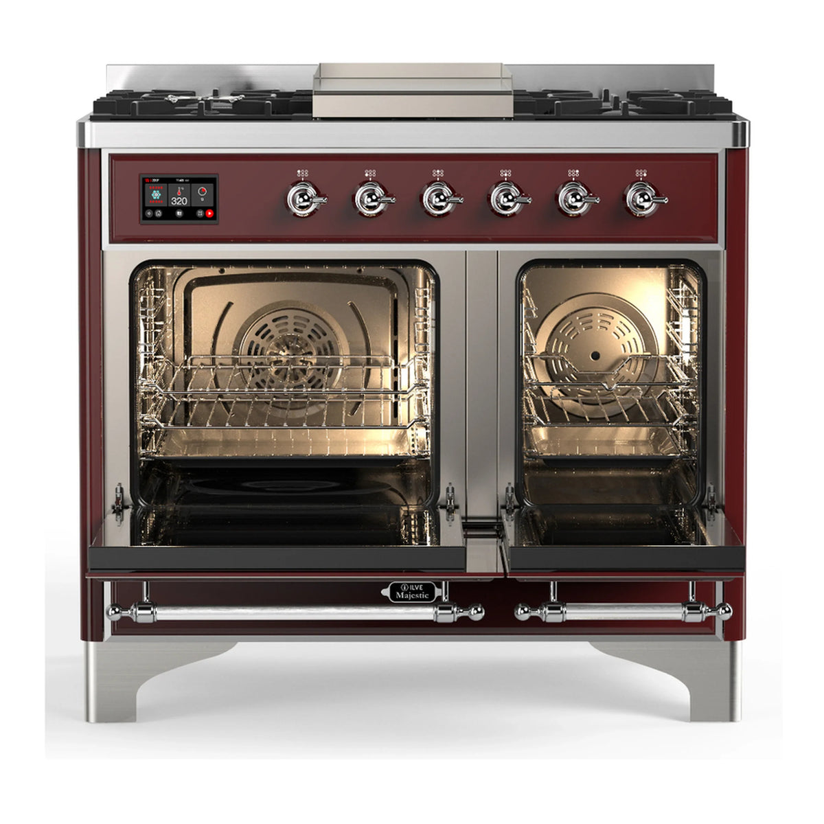 ILVE Majestic III 40-inch Dual Fuel Range with 5 Liquid Propane Burner, Griddle and Solid Door Electric Oven in Burgundy with Chrome Trim (UMD40FQNR3BUCLP)