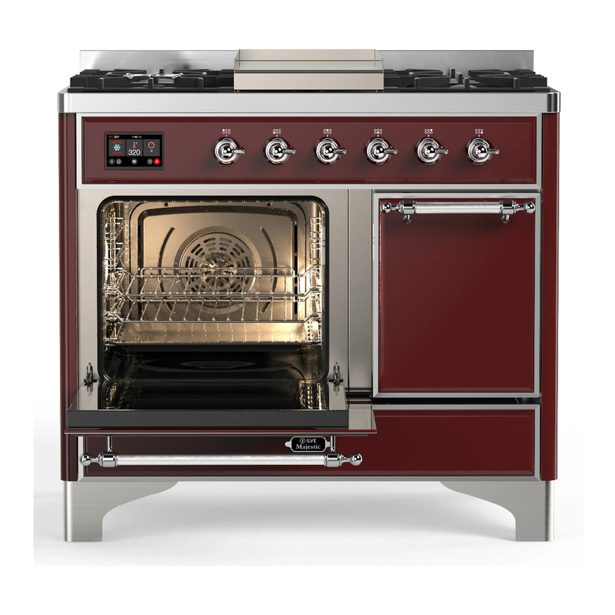 ILVE Majestic III 40-inch Dual Fuel Range with 5 Liquid Propane Burner, Griddle and Solid Door Electric Oven in Burgundy with Chrome Trim (UMD40FQNR3BUCLP)