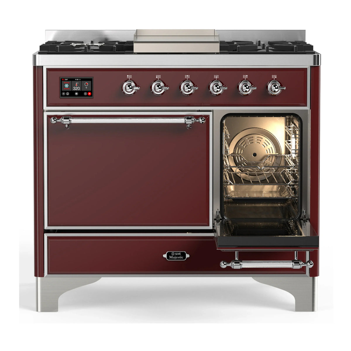 ILVE Majestic III 40-inch Dual Fuel Range with 5 Liquid Propane Burner, Griddle and Solid Door Electric Oven in Burgundy with Chrome Trim (UMD40FQNR3BUCLP)