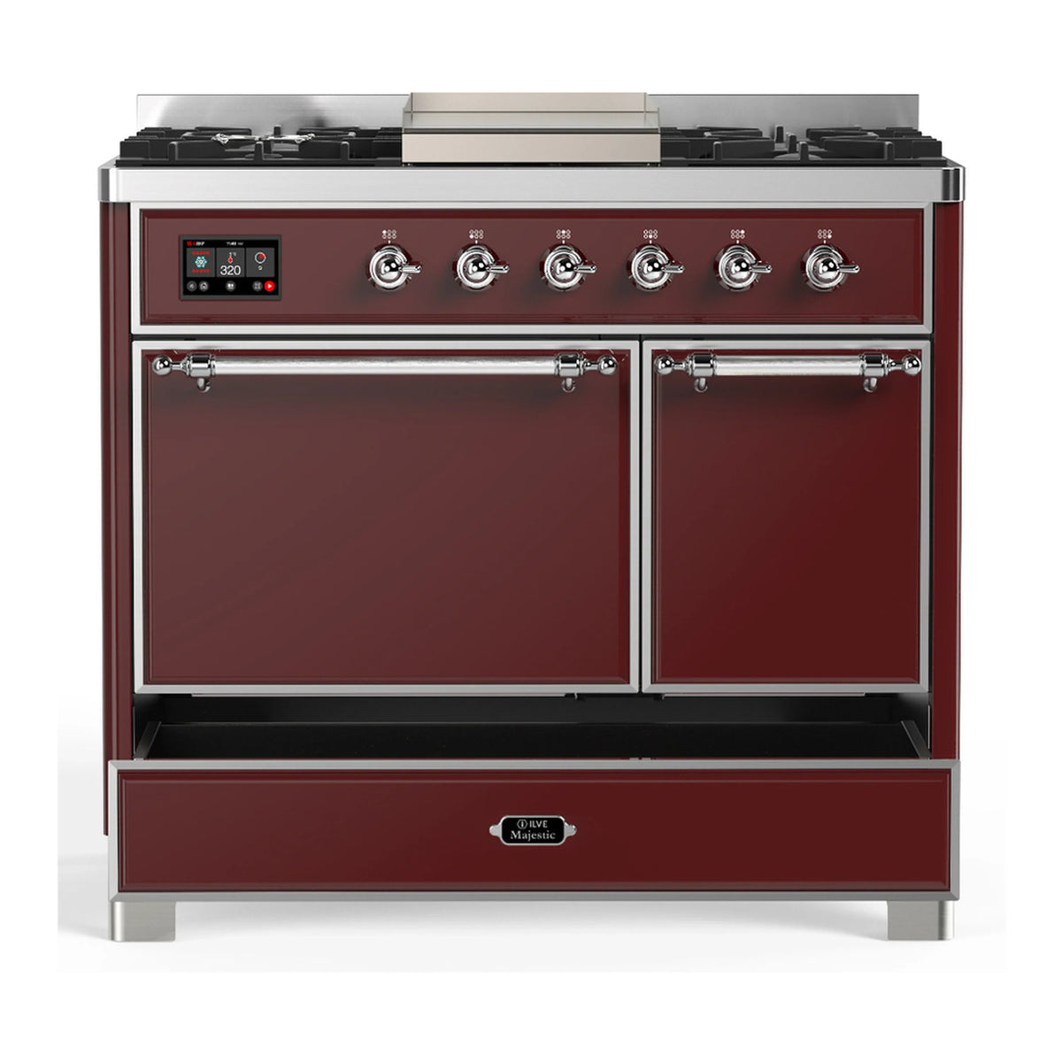 ILVE Majestic III 40-inch Dual Fuel Range with 5 Liquid Propane Burner, Griddle and Solid Door Electric Oven in Burgundy with Chrome Trim (UMD40FQNR3BUCLP)