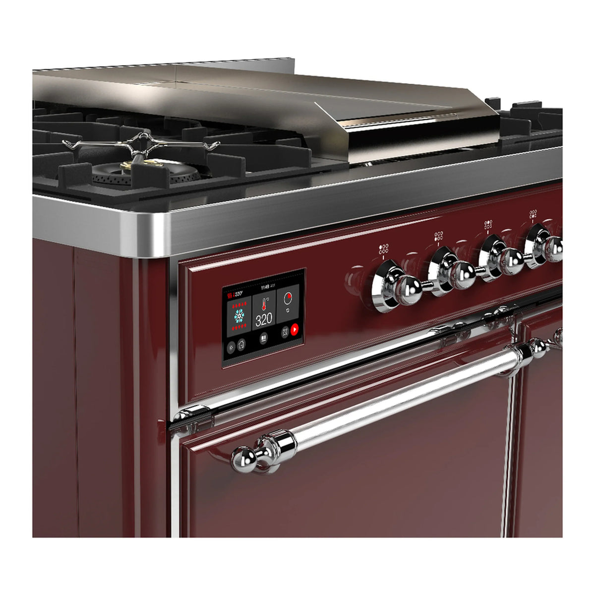 ILVE Majestic III 40-inch Dual Fuel Range with 5 Liquid Propane Burner, Griddle and Solid Door Electric Oven in Burgundy with Chrome Trim (UMD40FQNR3BUCLP)