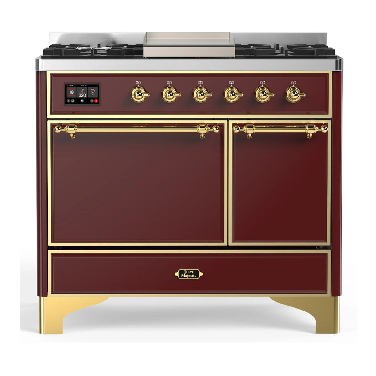 ILVE Majestic III 40-Inch Propane Dual Fuel Range, 5 Burners, Griddle, Solid Door, Burgundy with Brass Trim (UMD40FQNR3BUGLP)