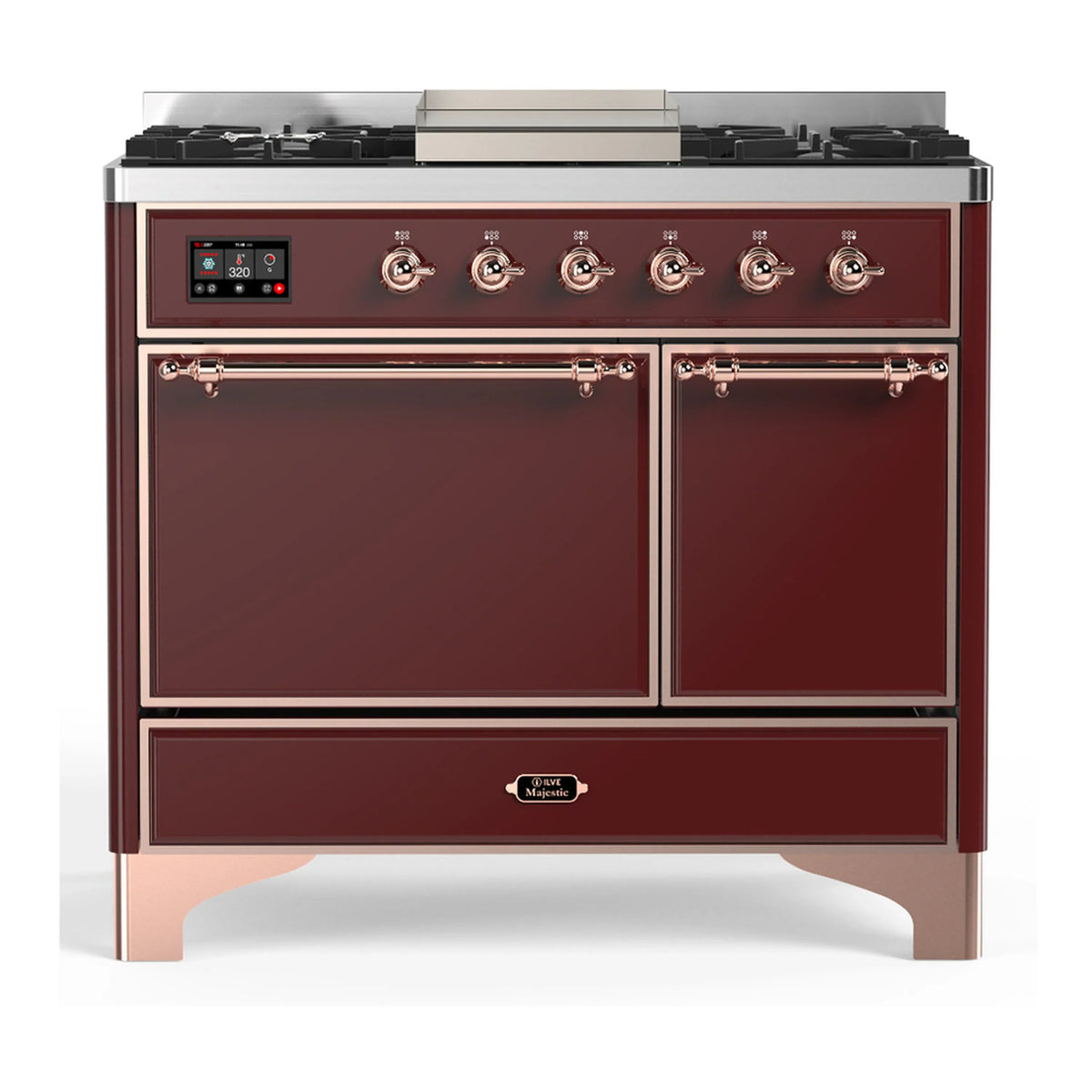 ILVE Majestic III 40-Inch NG Dual Fuel Range, 6 Burners, Griddle, Solid Door Oven, Burgundy with Copper Trim (UMD40FQNR3BUP)