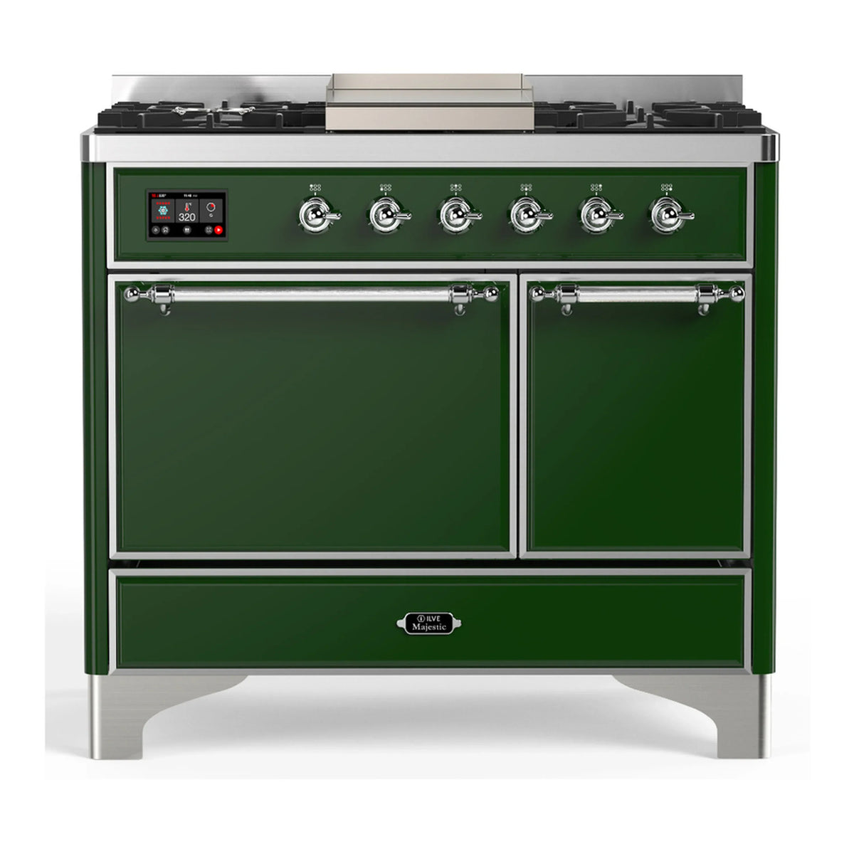 ILVE Majestic III 40-Inch Propane Dual Fuel Range, 5 Burners, Griddle, Solid Door, Emerald Green with Chrome Trim (UMD40FQNR3EGCLP)