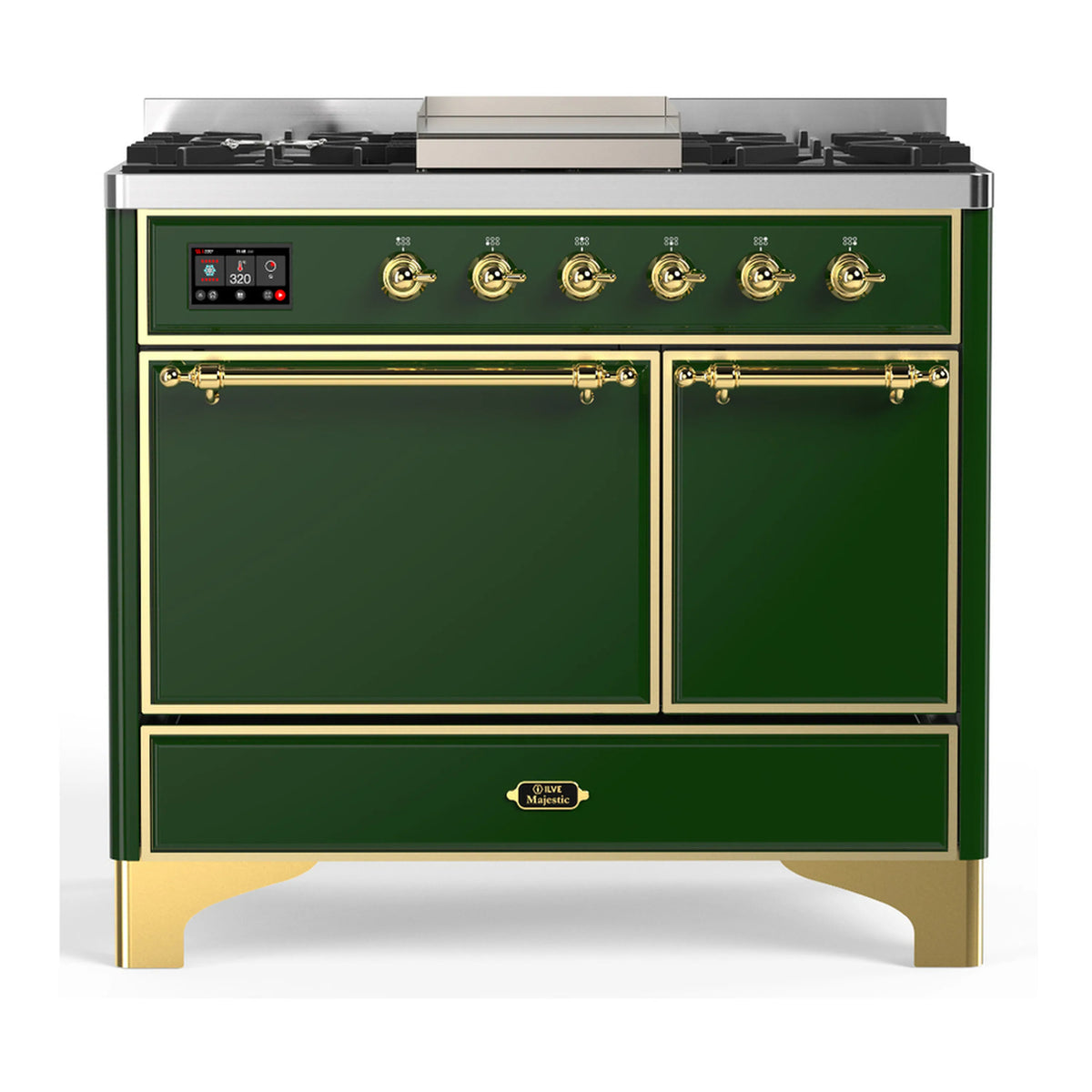 ILVE Majestic III 40-Inch Propane Dual Fuel Range, 5 Burners, Griddle, Solid Door, Emerald Green with Brass Trim (UMD40FQNR3EGGLP)