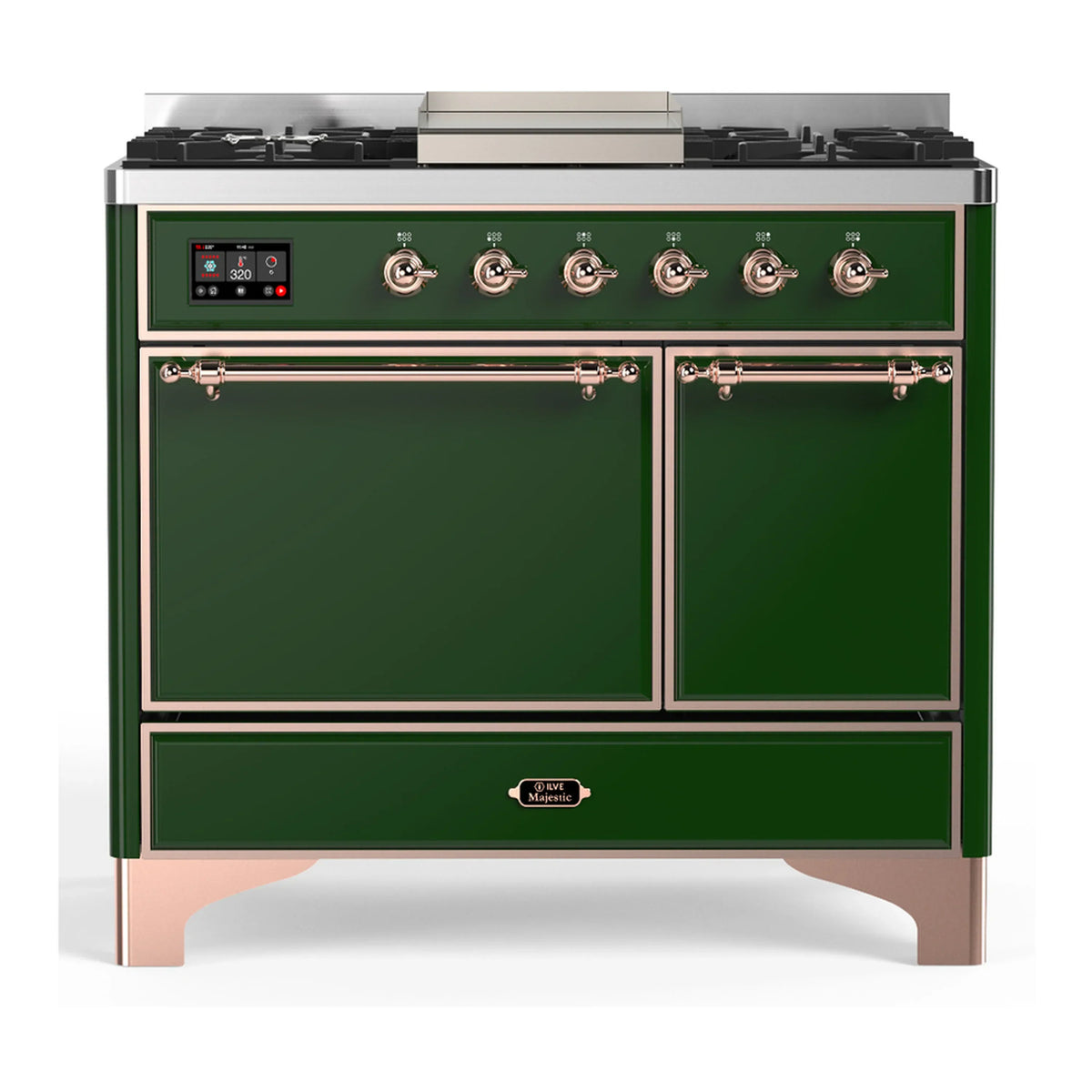 ILVE Majestic III 40-Inch NG Dual Fuel Range, 6 Burners, Griddle, Solid Door Oven, Emerald Green with Copper Trim (UMD40FQNR3EGP)