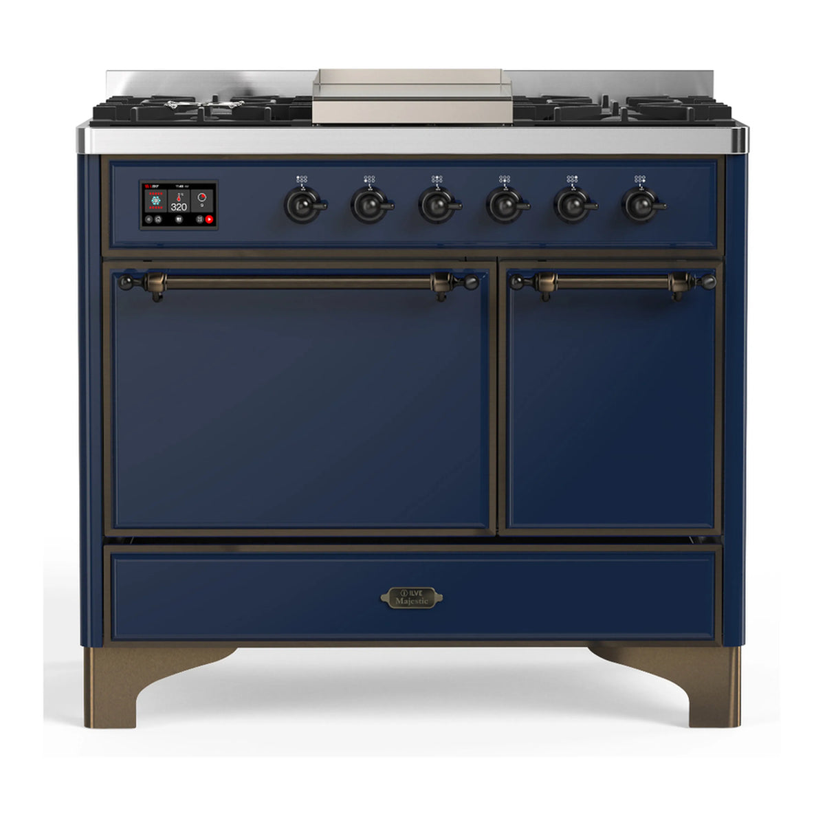 ILVE Majestic III 40-Inch LP Dual Fuel Range, 5 Burners, Griddle, Solid Door Oven, Midnight Blue with Burnished Trim (UMD40FQNR3MBBLP)