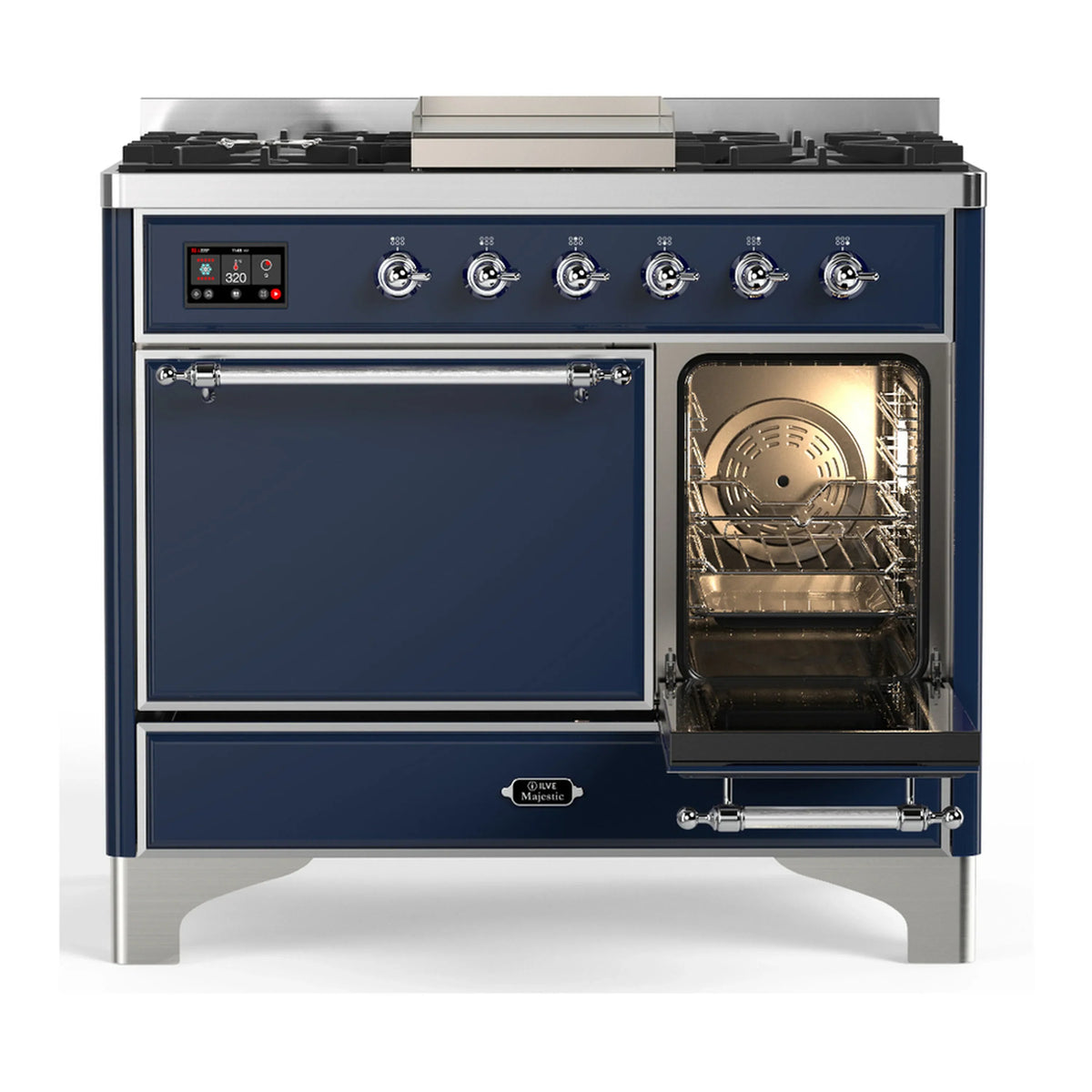 ILVE Majestic III 40-inch Dual Fuel Range with 6 Natural Gas Burner, Griddle and Solid Door Electric Oven in Midnight Blue with Chrome Trim (UMD40FQNR3MBC)