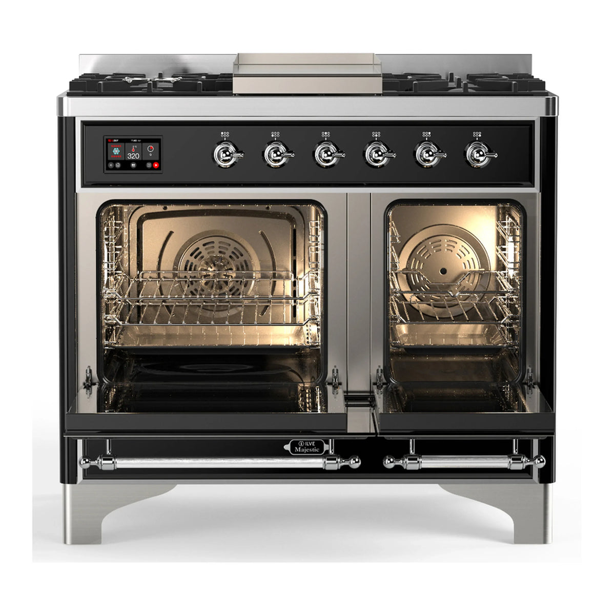 ILVE Majestic III 40-inch Dual Fuel Range with 5 Liquid Propane Burner, Griddle and Solid Door Electric Oven in Graphite Matte with Chrome Trim (UMD40FQNR3MGCLP)