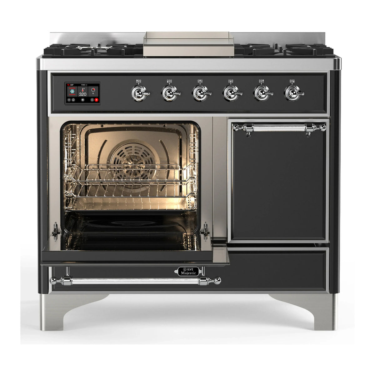 ILVE Majestic III 40-inch Dual Fuel Range with 5 Liquid Propane Burner, Griddle and Solid Door Electric Oven in Graphite Matte with Chrome Trim (UMD40FQNR3MGCLP)