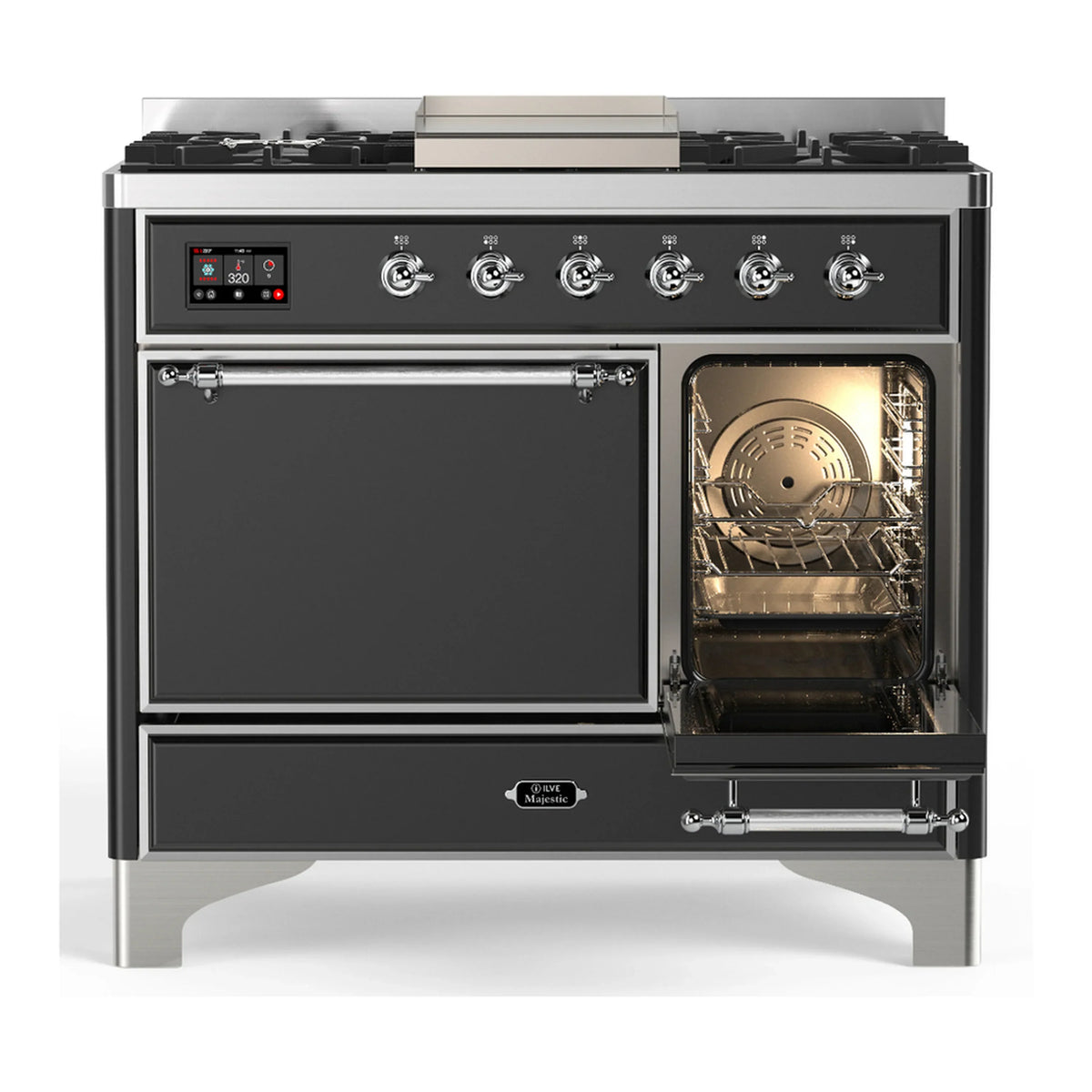 ILVE Majestic III 40-inch Dual Fuel Range with 5 Liquid Propane Burner, Griddle and Solid Door Electric Oven in Graphite Matte with Chrome Trim (UMD40FQNR3MGCLP)