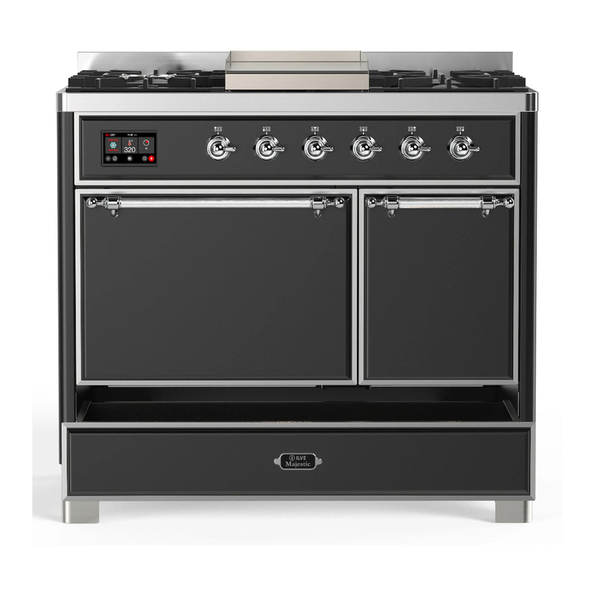 ILVE Majestic III 40-inch Dual Fuel Range with 5 Liquid Propane Burner, Griddle and Solid Door Electric Oven in Graphite Matte with Chrome Trim (UMD40FQNR3MGCLP)