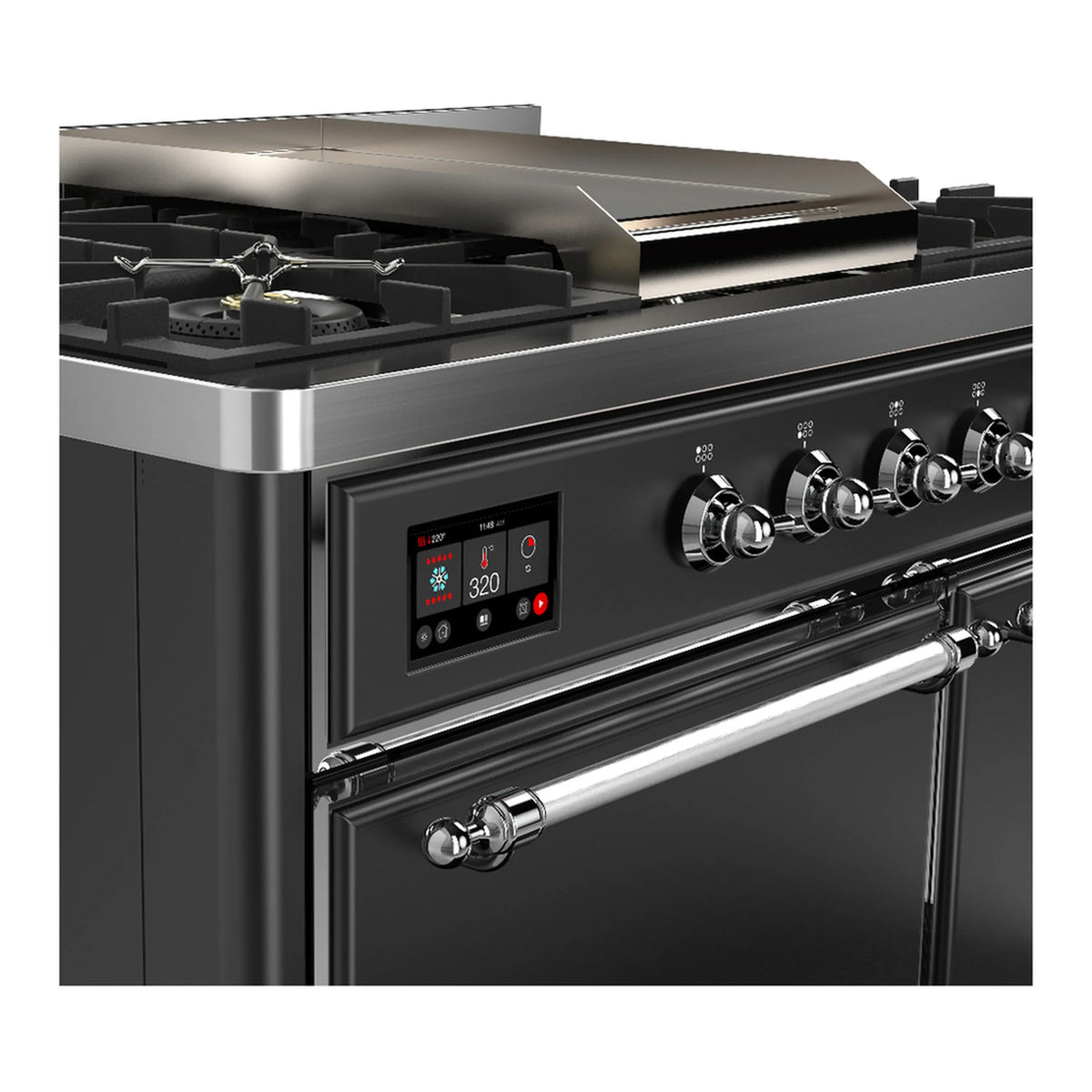 ILVE Majestic III 40-inch Dual Fuel Range with 5 Liquid Propane Burner, Griddle and Solid Door Electric Oven in Graphite Matte with Chrome Trim (UMD40FQNR3MGCLP)