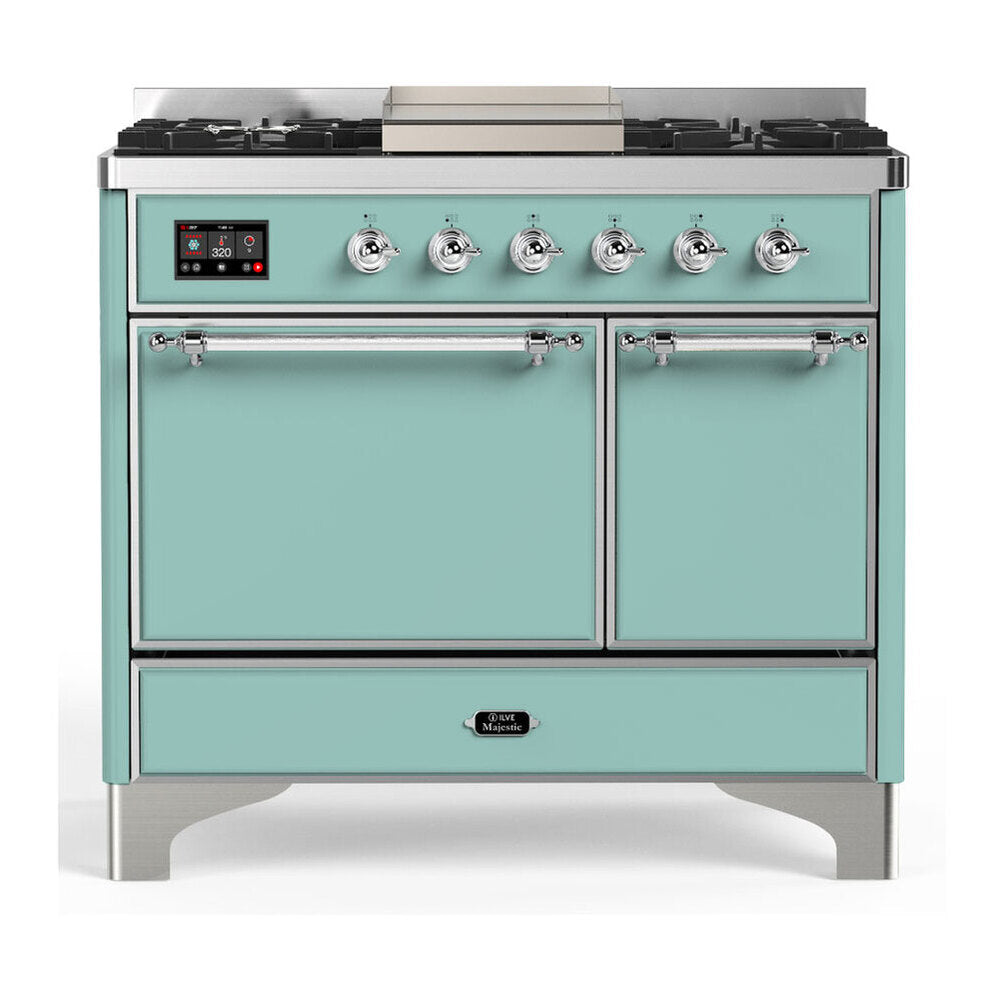 ILVE Majestic III 40-inch Dual Fuel Range with 6 Natural Gas Burner, Griddle and Solid Door Electric Oven in Mediterranean Mint with Chrome Trim (UMD40FQNR3MMC)