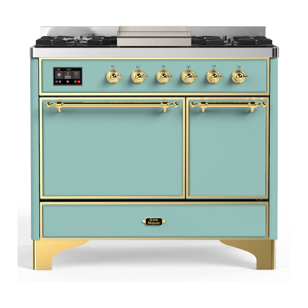 ILVE Majestic III 40-Inch LP Dual Fuel Range, 5 Burners, Griddle, Solid Door Oven, Mediterranean Mint with Brass Trim (UMD40FQNR3MMGLP)