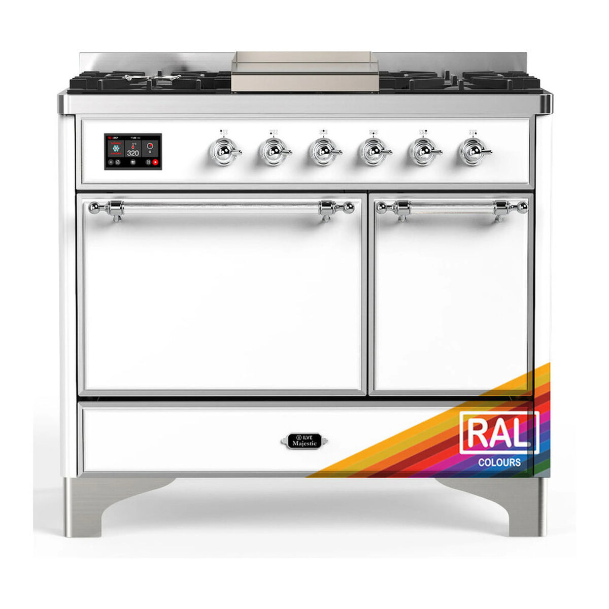 ILVE Majestic III 40-inch Dual Fuel Range with 6 Natural Gas Burner, Griddle and Solid Door Electric Oven in RAL with Chrome Trim (UMD40FQNR3RAC)