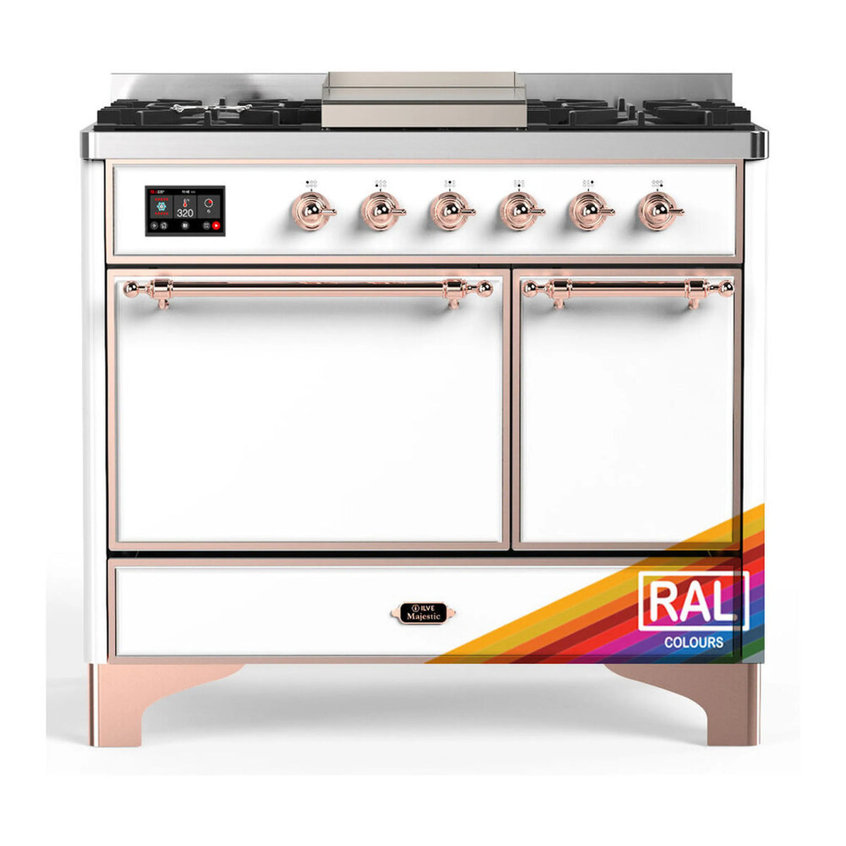 ILVE Majestic III 40-inch Dual Fuel Range with 6 Natural Gas Burner, Griddle and Solid Door Electric Oven in RAL with Copper Trim (UMD40FQNR3RAP)
