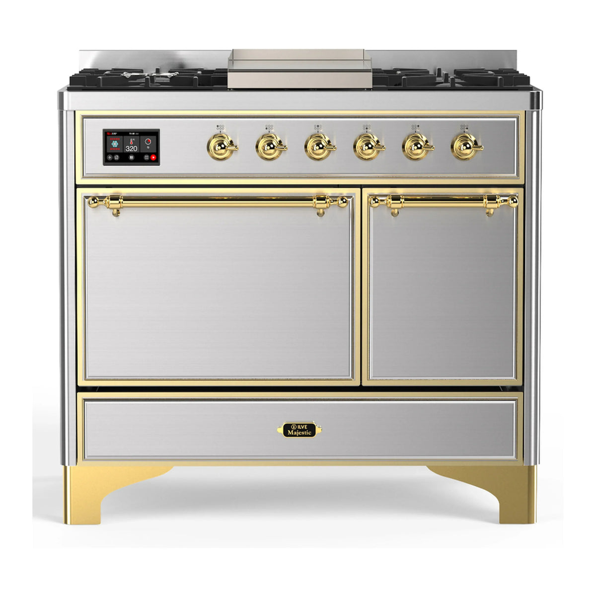ILVE Majestic III 40-inch Dual Fuel Range with 5 Liquid Propane Burner, Griddle and Solid Door Electric Oven in Stainless Steel with Brass Trim (UMD40FQNR3SSGLP)