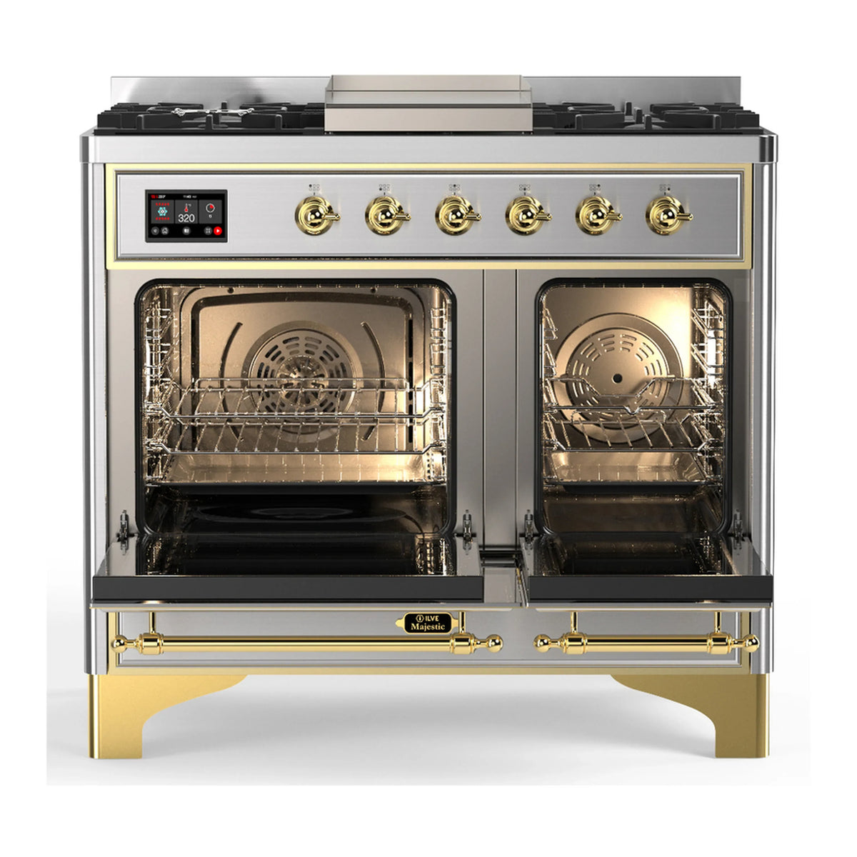 ILVE Majestic III 40-inch Dual Fuel Range with 5 Liquid Propane Burner, Griddle and Solid Door Electric Oven in Stainless Steel with Brass Trim (UMD40FQNR3SSGLP)