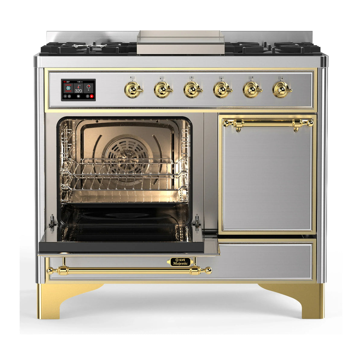 ILVE Majestic III 40-inch Dual Fuel Range with 6 Natural Gas Burner, Griddle and Solid Door Electric Oven in Stainless Steel with Brass Trim (UMD40FQNR3SSG)