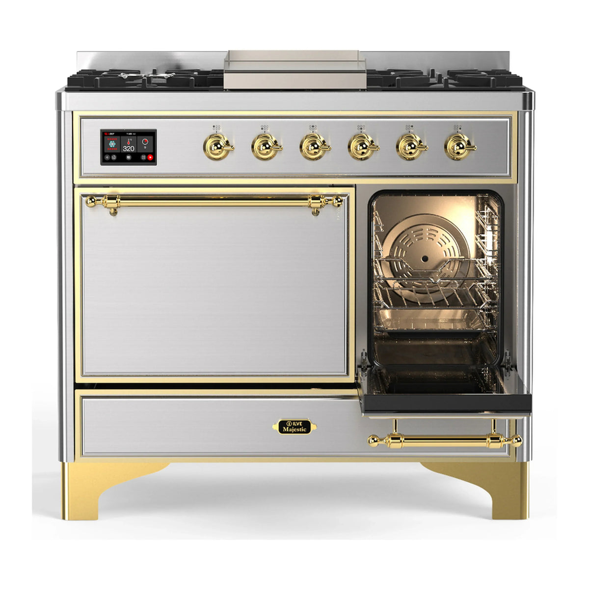 ILVE Majestic III 40-inch Dual Fuel Range with 6 Natural Gas Burner, Griddle and Solid Door Electric Oven in Stainless Steel with Brass Trim (UMD40FQNR3SSG)
