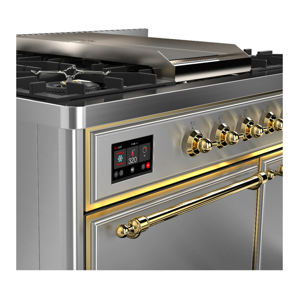 ILVE Majestic III 40-inch Dual Fuel Range with 5 Liquid Propane Burner, Griddle and Solid Door Electric Oven in Stainless Steel with Brass Trim (UMD40FQNR3SSGLP)