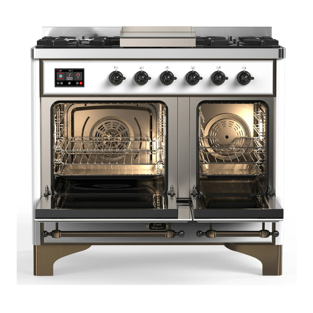 ILVE Majestic III 40-inch Dual Fuel Range with 5 Liquid Propane Burner, Griddle and Solid Door Electric Oven in White with Burnished Trim (UMD40FQNR3WHBLP)