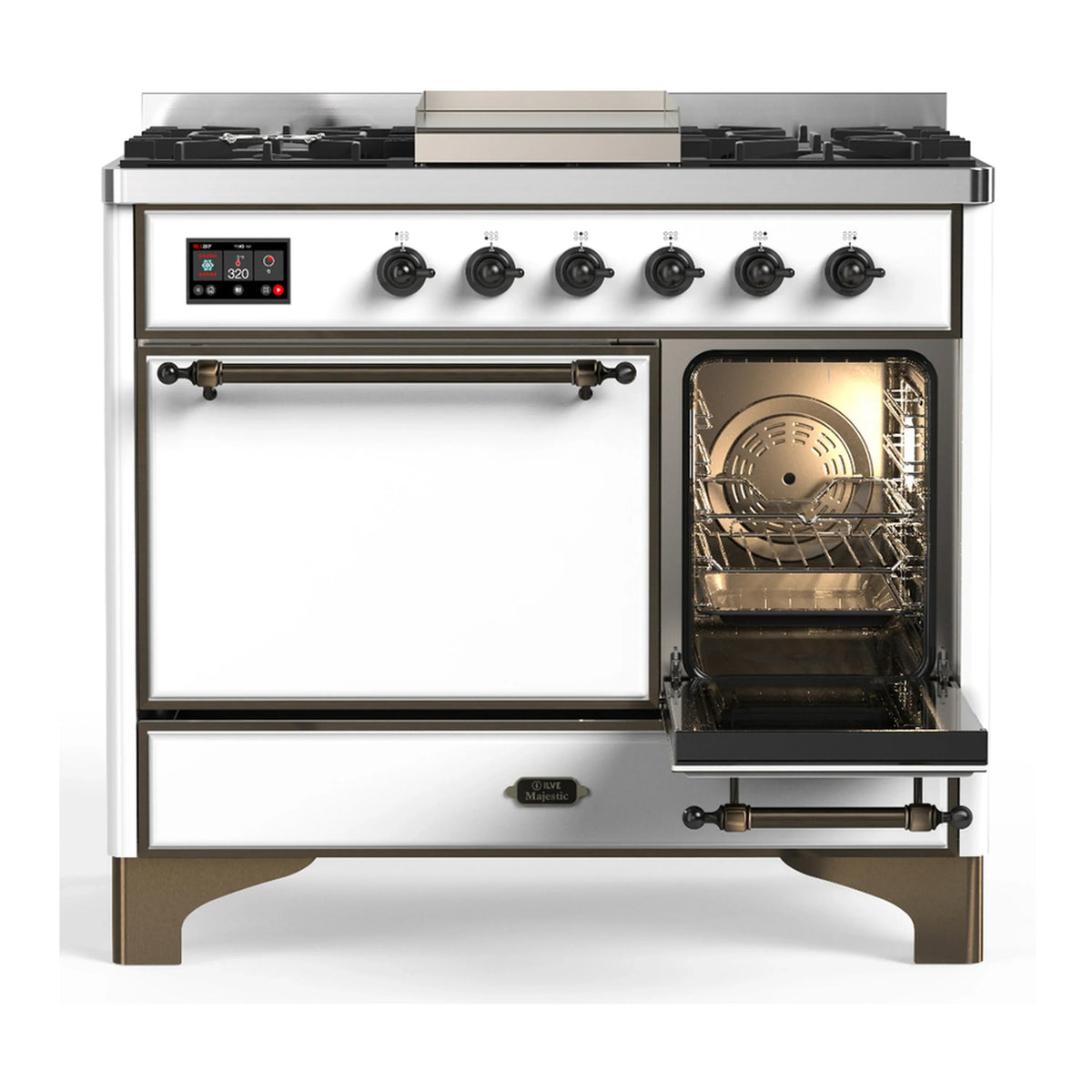 ILVE Majestic III 40-inch Dual Fuel Range with 5 Liquid Propane Burner, Griddle and Solid Door Electric Oven in White with Burnished Trim (UMD40FQNR3WHBLP)