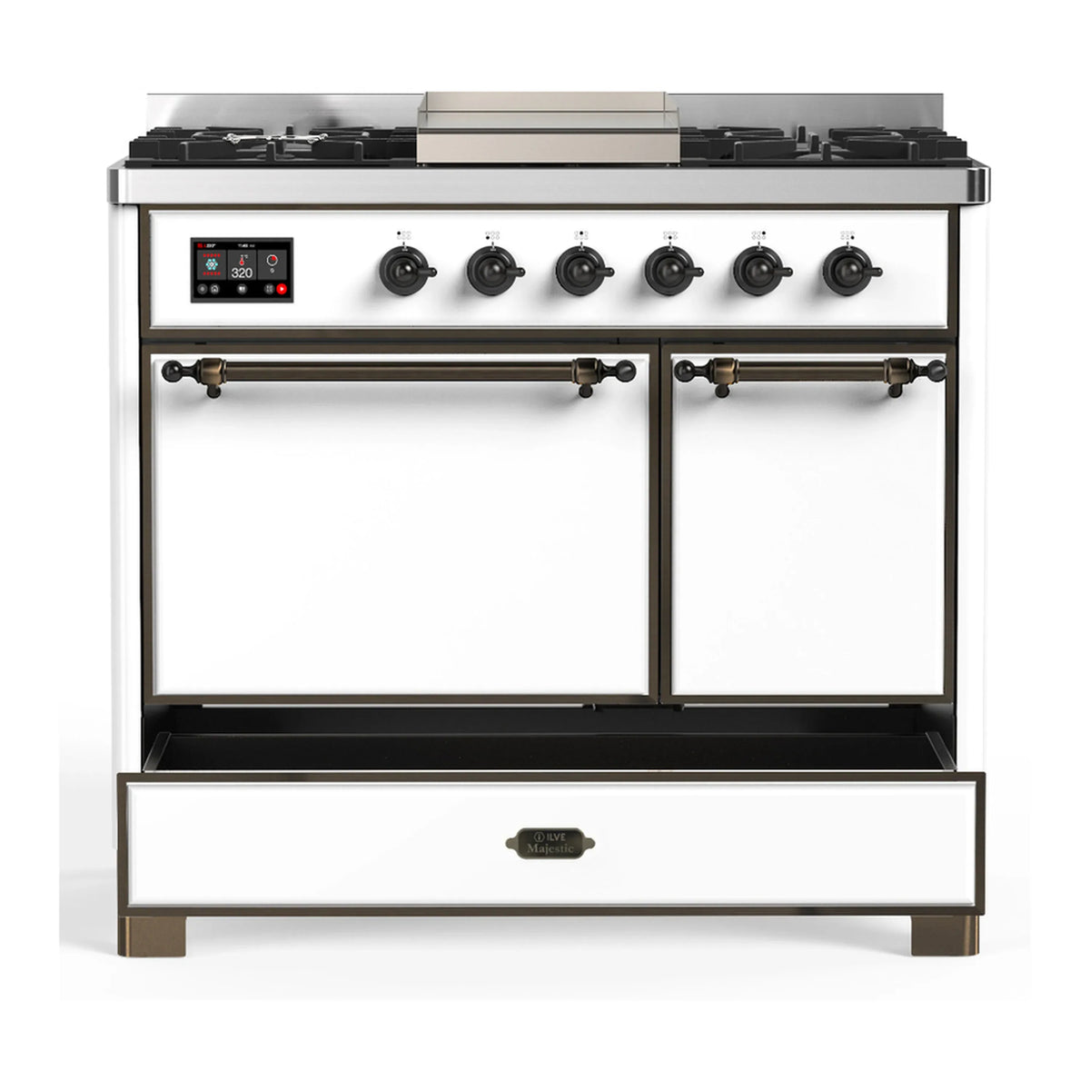 ILVE Majestic III 40-inch Dual Fuel Range with 5 Liquid Propane Burner, Griddle and Solid Door Electric Oven in White with Burnished Trim (UMD40FQNR3WHBLP)